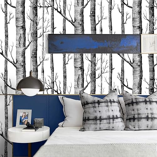 Miniatura 4 de WENMER Papel tapiz de abedul de 17.71 x 472 pulgadas, papel tapiz de tronco negro, autoadhesivo, impermeable, extraíble, de madera, decoración de