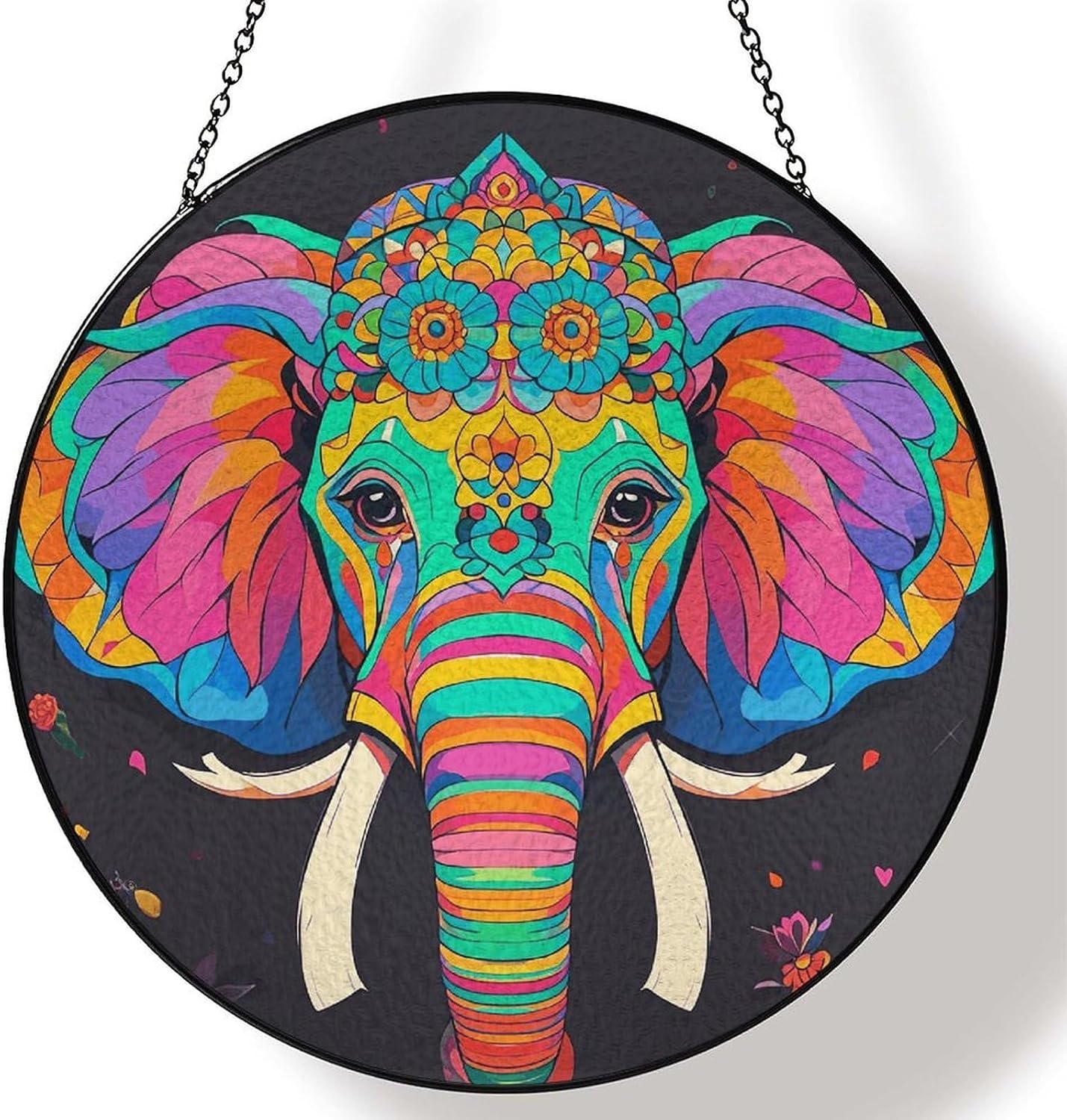 Stained Glass Hanging Sign Suncatcher, Colorful Flower Elephant
