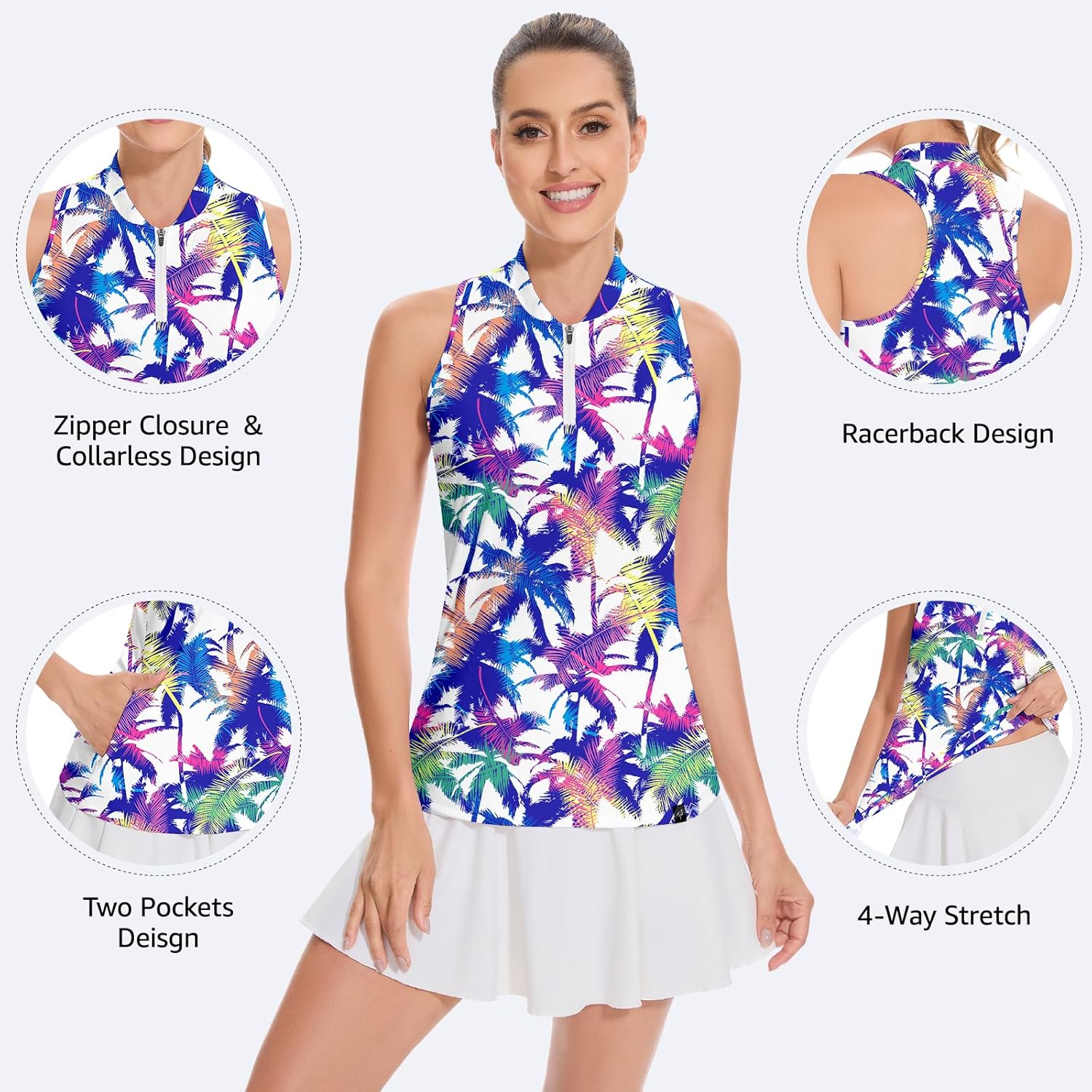 Soneven Women's Sleeveless Golf Shirt Racerback Polo Shirts with Pockets Tennis Tops Golf Tanks Pickleball Shirts - Image 2