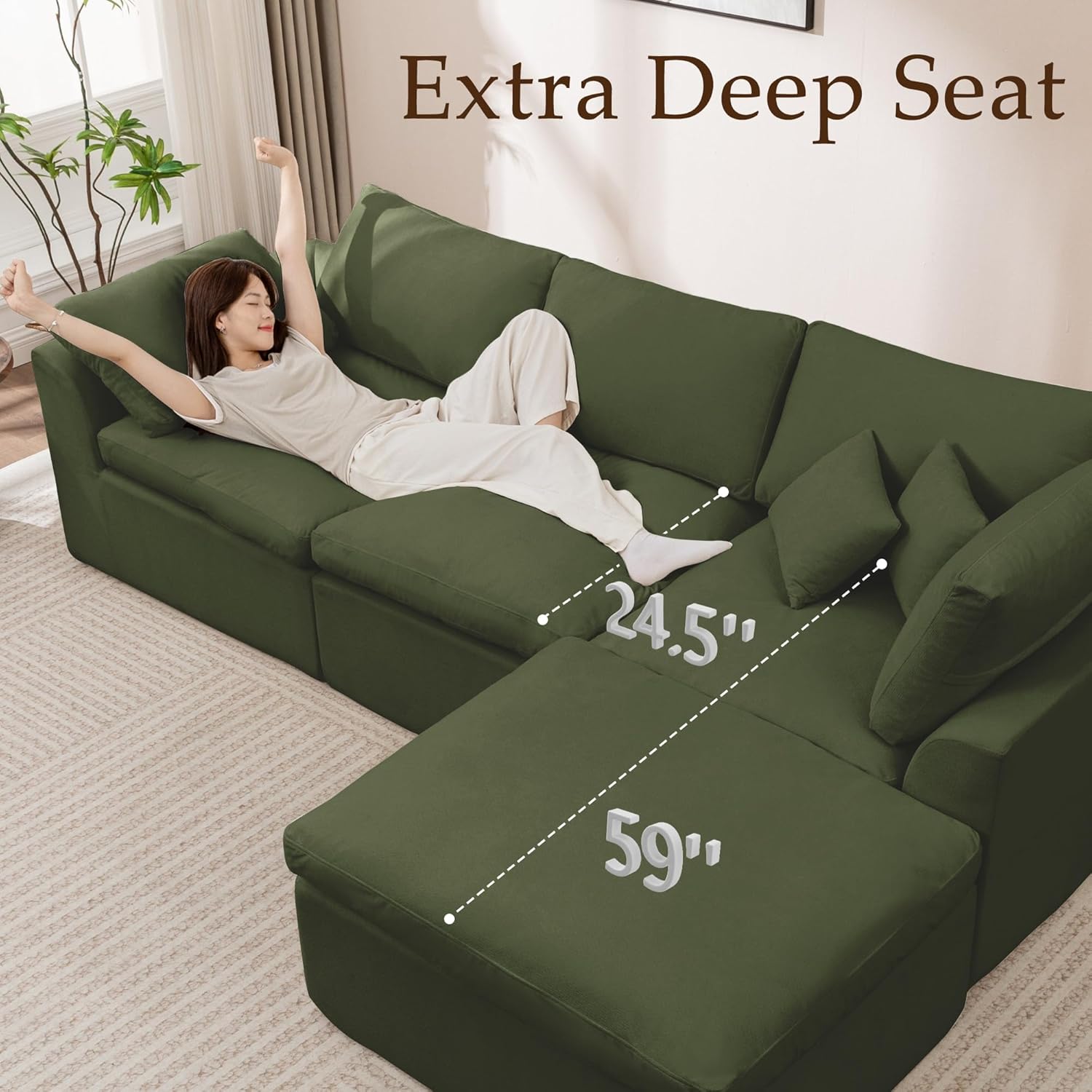 Korser 112" Cloud Sectional Couches for Living Room, Modern Modular Sectional Sofa with Ottoman, Boneless Cloud Couch with Comfy Deep Seats, Fluffy Chenille L-Shape Sofa Couch for Living Room, Green thumbnail
