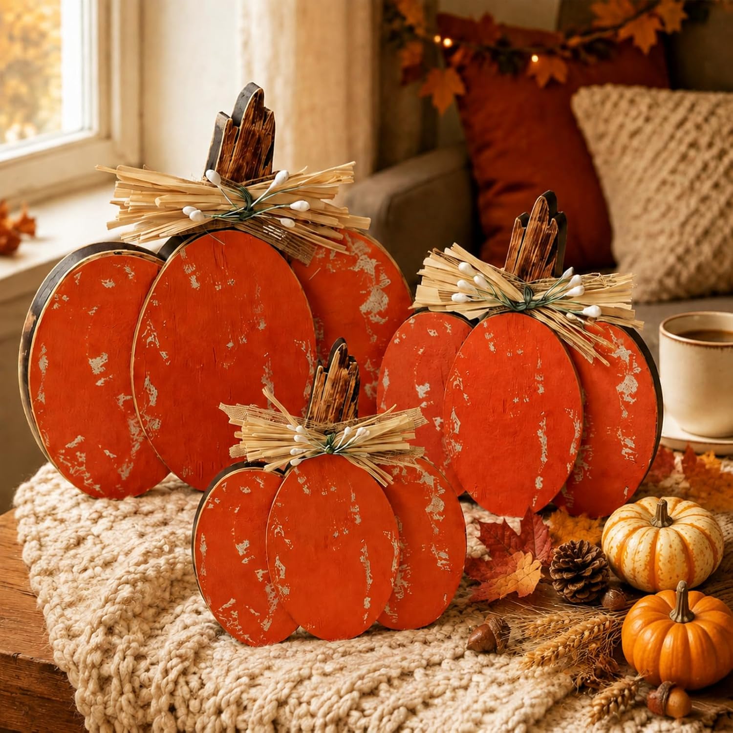 Leinuosen 4 Pcs Fall Decorations for Home Wood Maple Leaf Tiered Tray Decor | Rustic Fall Table Centerpieces with Rope Vein & Burlap Bow Design, Farmhouse Thanksgiving Block Sign for Autumn Harvest Decor
