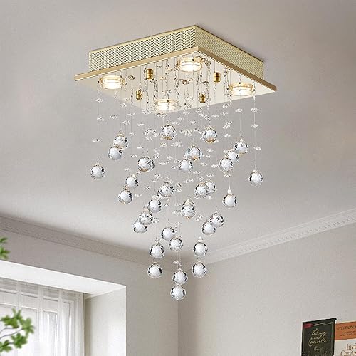 Vista 14 de Bestier Lámpara de araña cuadrada de cristal cromado con forma de gota de lluvia, lámpara colgante para comedor, baño, dormitorio, sala de estar, 4