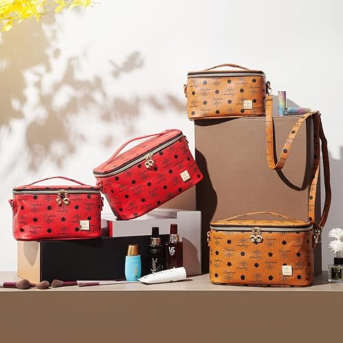 Miniatura 6 de LACATTURA Bolsa de maquillaje de viaje para mujer, bolsa de cosméticos de cuero, Marrón-M, Classic