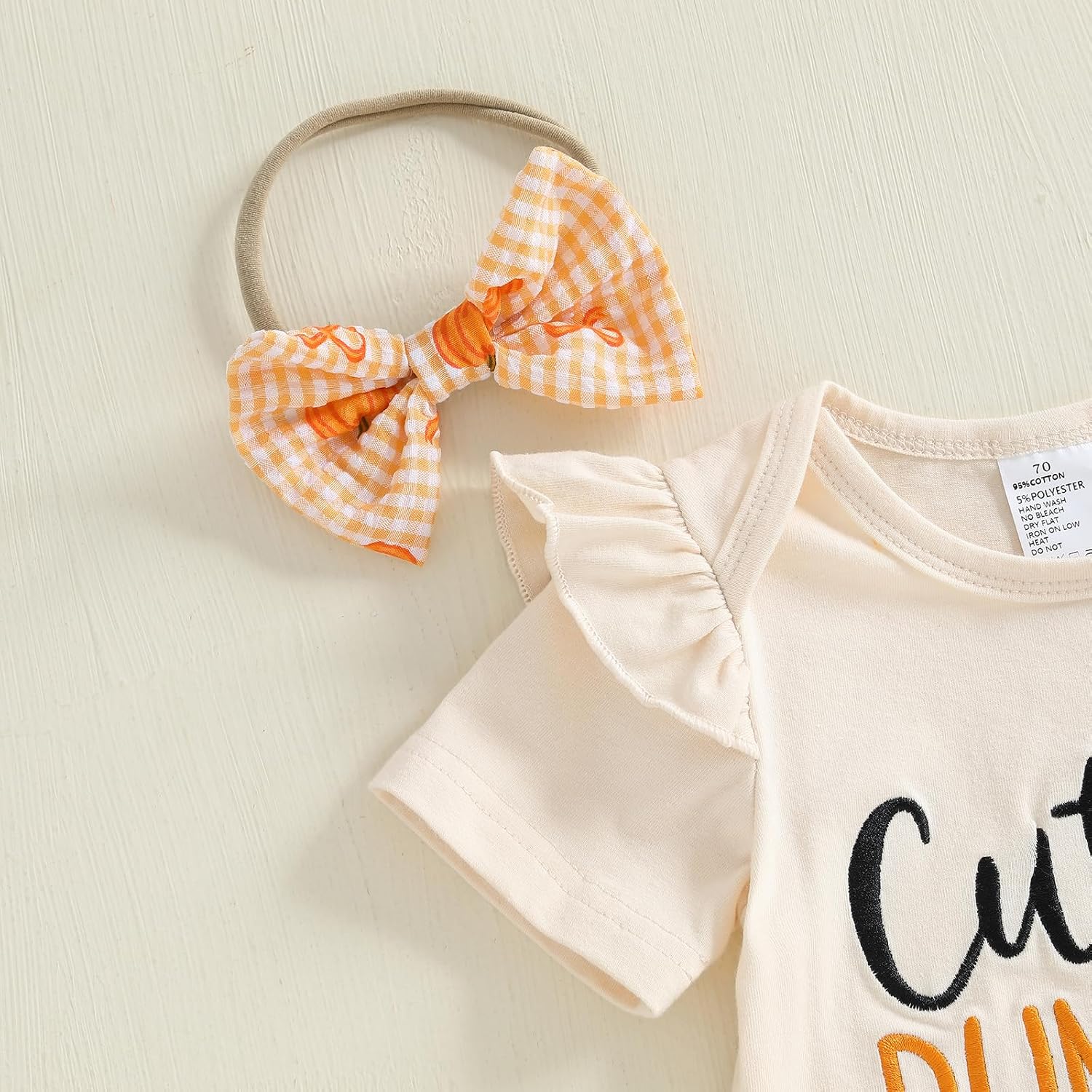Newborn Baby Girl Halloween Outfit Short Sleeve Letter Romper Pumpkin Print Ruffled Skort Headband Sets