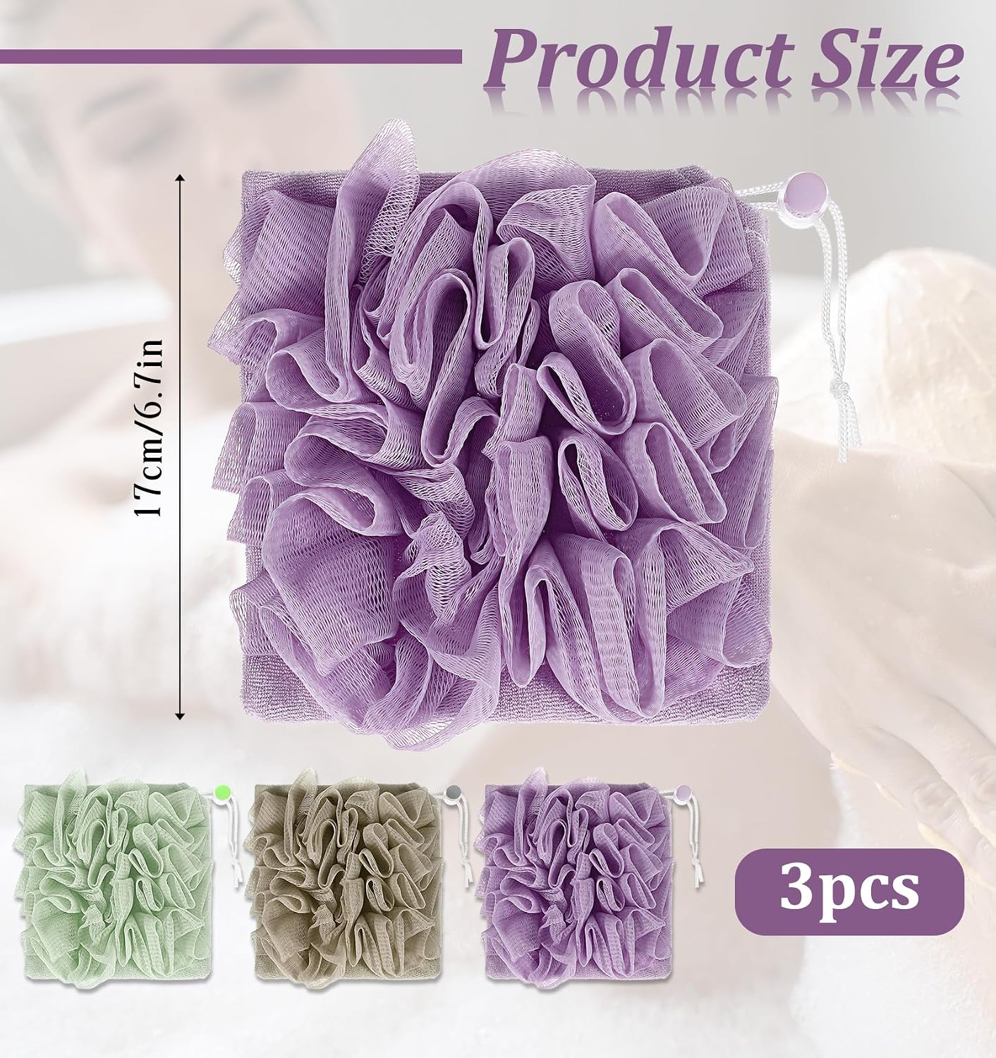 3 PCS Loofah Washcloth Combo 2-in-1, Soap Bar Loofah Exfoliating Shower Pouf with Bar Soap Pocket Body Scrubber Exfoliating Loofa for Women & Men Bath Accessories Cleaning Tool (Green Purple Khaki)