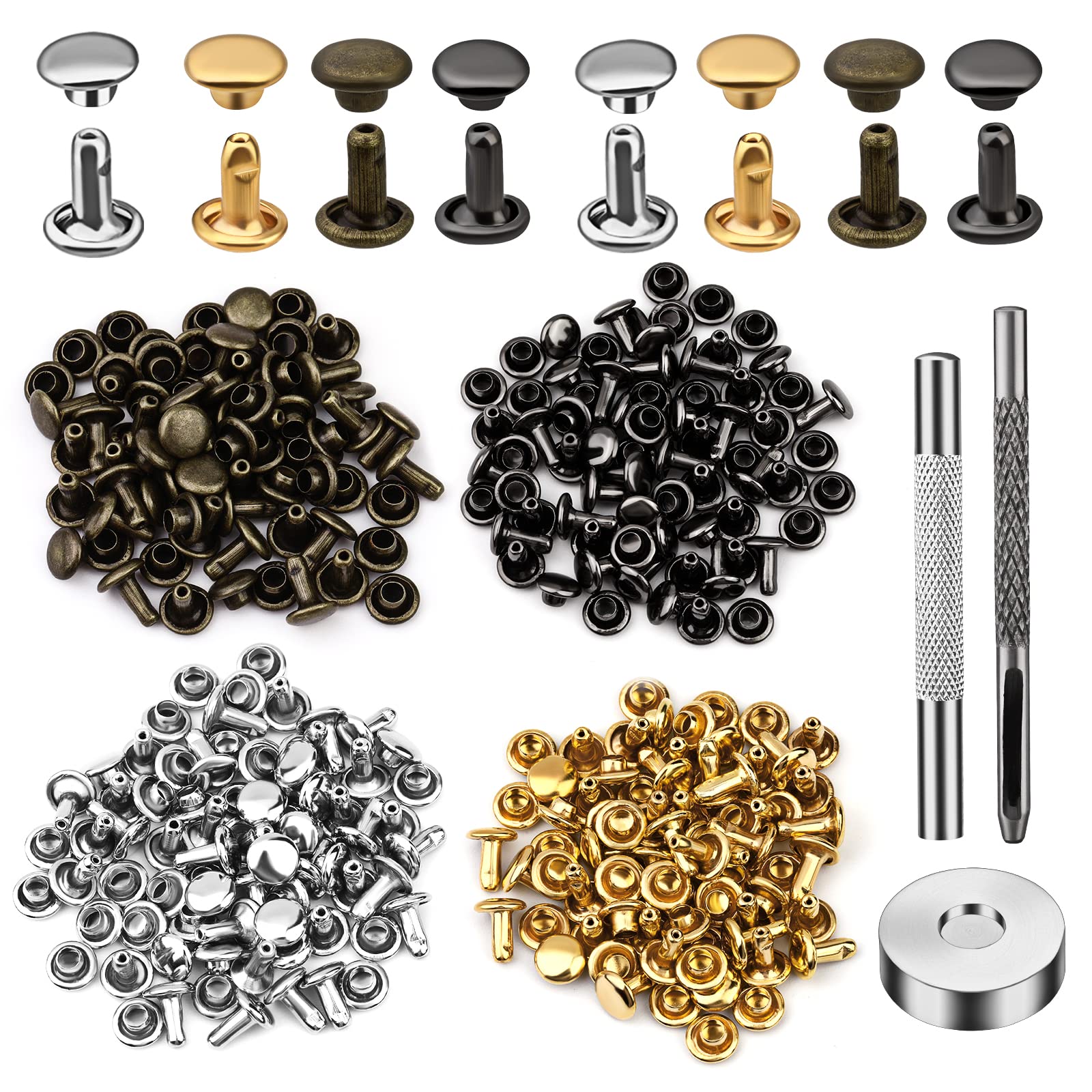 Leather Rivet Kit - Multicolor Double Cap Rivets, 6mm, 120 Sets - Includes Hollow Punch & Punch Tool for Leather Crafts, Clothes, Shoes, Jackets