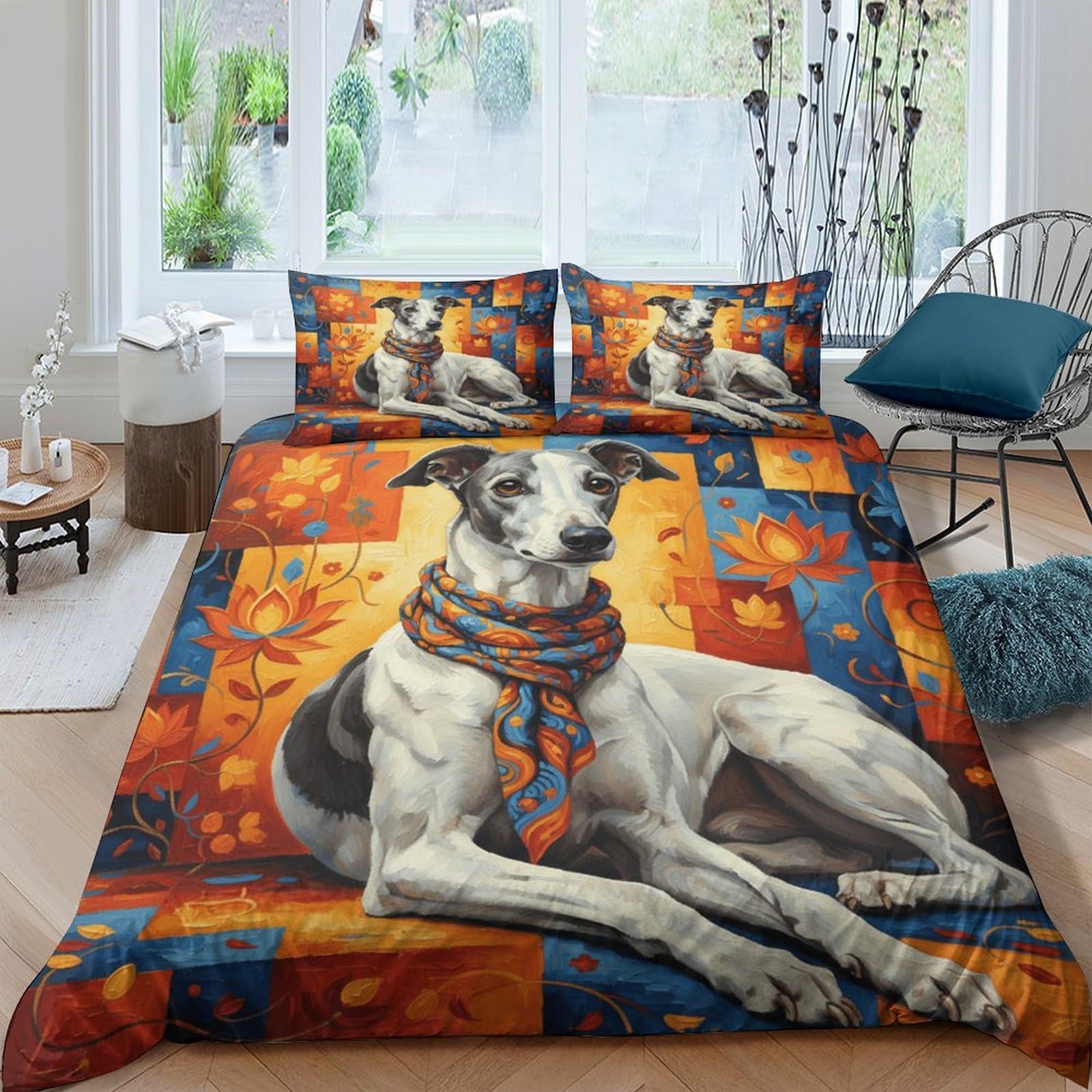 Ctjqhvkz Style-8 3D Printed Artistic Dog Fitted Sheet Microfiber Orange Blue Patchwork Bed Cover For Bedroom Guest Room Mattress Decor Single（135X200cm）
