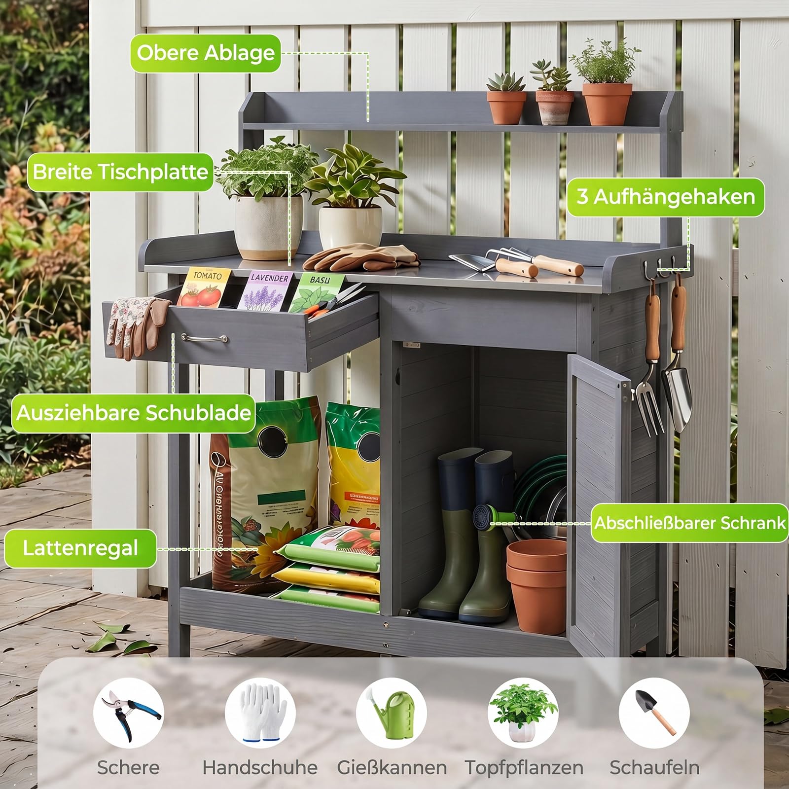 COSTWAY Pflanztisch mit Schubladen & Unterschrank, Gärtnertisch Outdoor