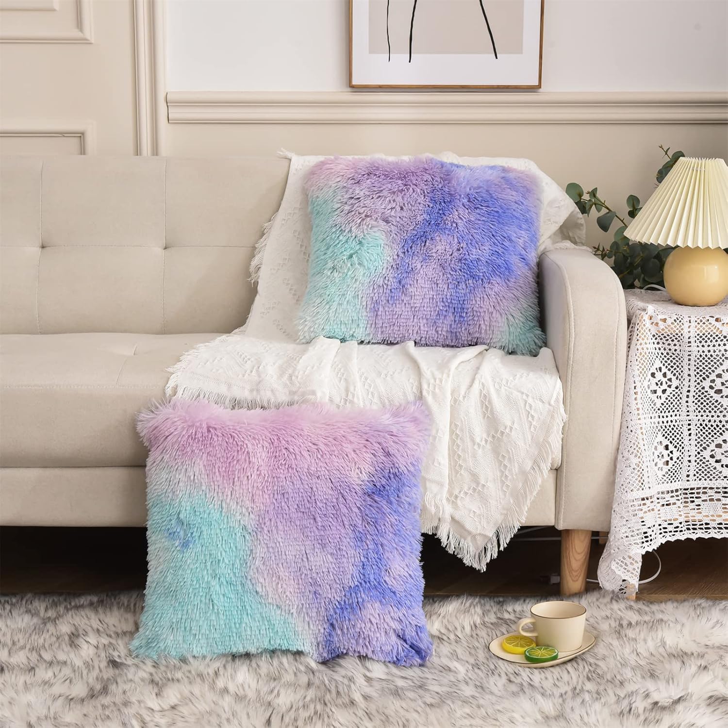 Aimuan Home Decor Luxury Series Plush Shaggy Pillow Shams Super Soft Velvet Style Tie Dye Artificial Fur Throw Pillow Case Cushion Cover for Sofa/Bed/Living Room Ombre Set of 2Pcs Purple, 17.7"x17.7" - Image 2