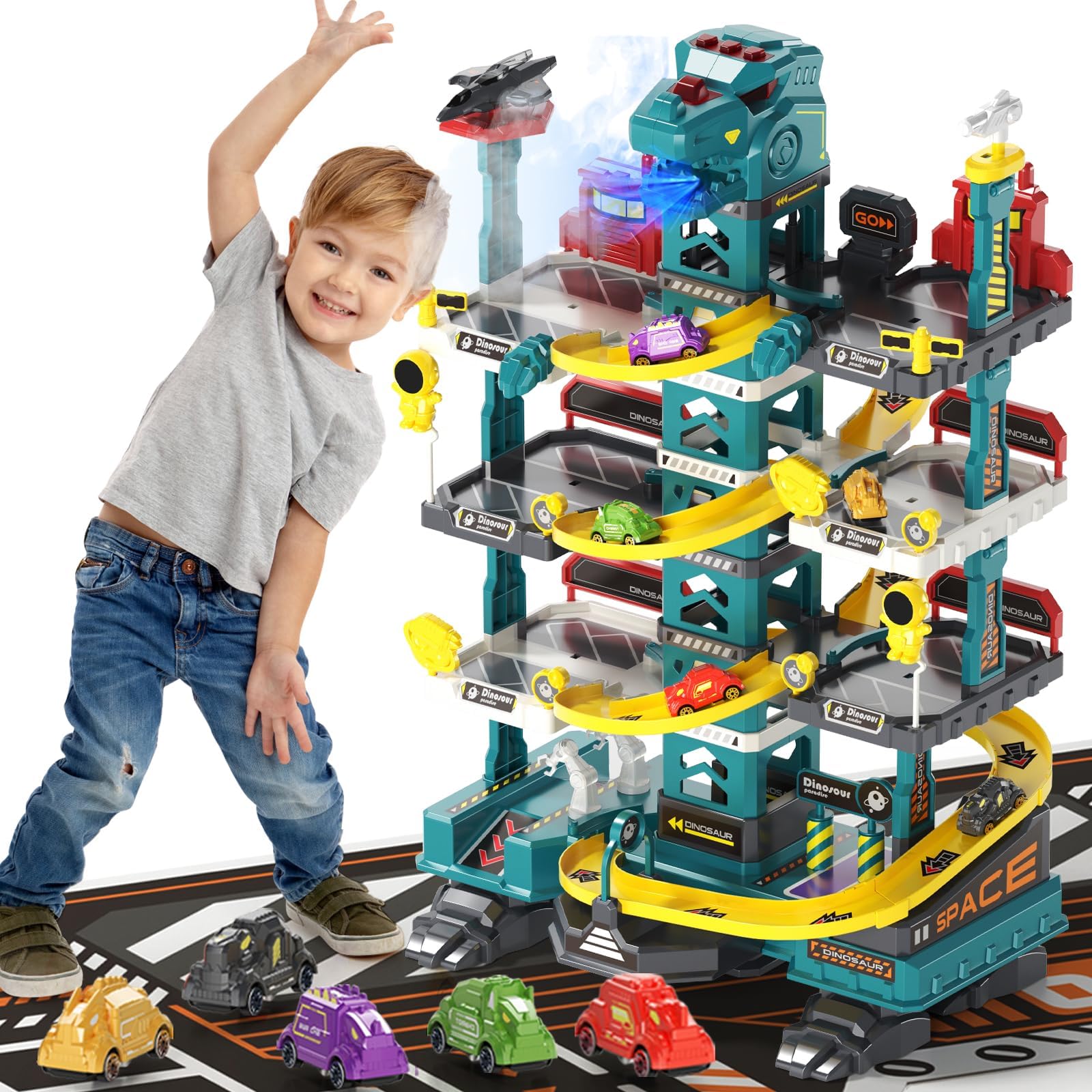 Kids Dinosaur Toys for Boys - Large Race Track Car Garage Parking Adventure Toy with Light, Sound & Spray, Electric Elevator Garage Playsets w/5 Mini Dino Cars, Play Mat, Best Gift for Kid