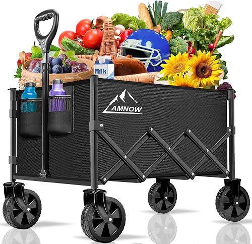 AMNOW 100L Collapsible Wagon Cart with All Terrain Wheels, 350LBS, Black | Rust-proof steel frame, 28×18×12in, only 13lbs, easy one-hand fold, garden camp beach trips