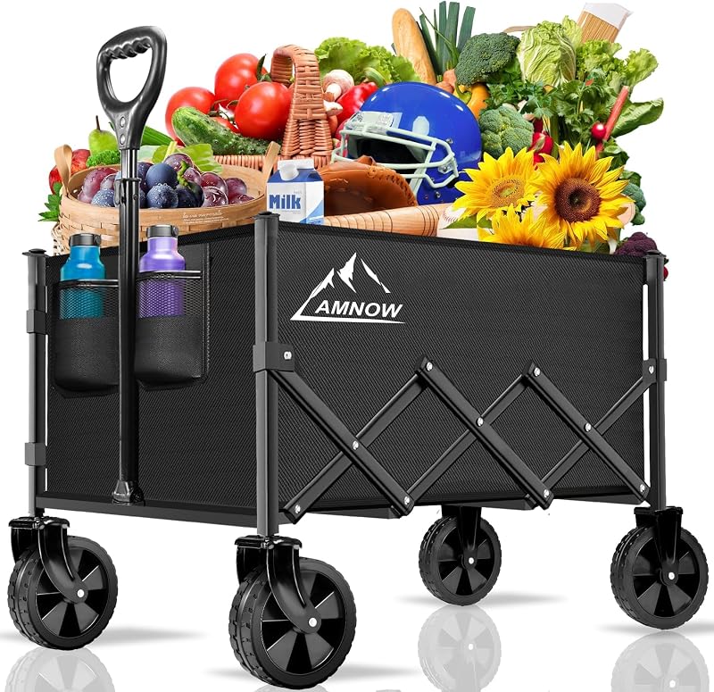 AMNOW 100L Collapsible Wagon Cart with All Terrain Wheels, 350LBS, Black | Rust-proof steel frame, 28×18×12in, only 13lbs, easy one-hand fold, garden camp beach trips