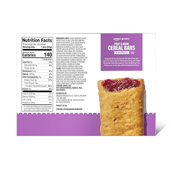 Amazon Grocery, Mixed Berry Fruit & Grain Cereal Bar, 1.3 Oz, 8 Ct