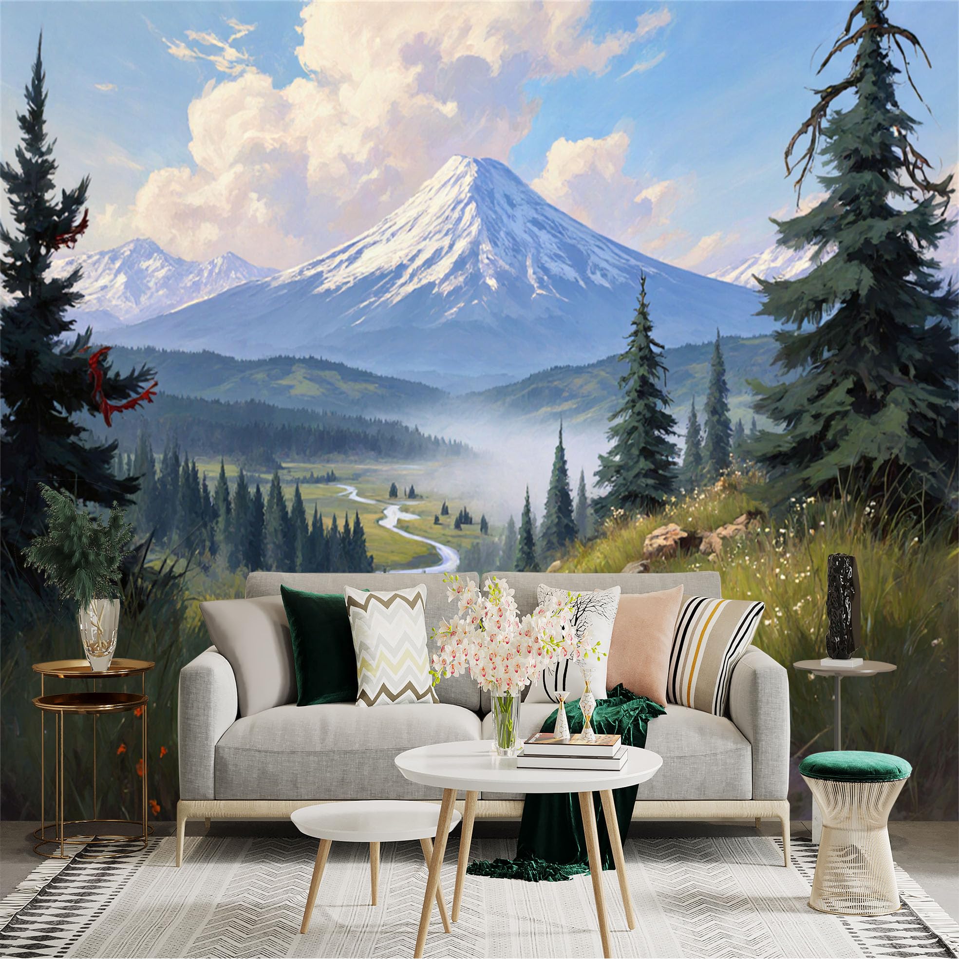 Lnzczhyre Xc260505305 Custom Size Wall Sticker Mural， Snow Capped Peak， Pine Forest Landscape， Winding River Valley， Nature Scenery， For Wall Decoration， Peelandstick Wall Decals.