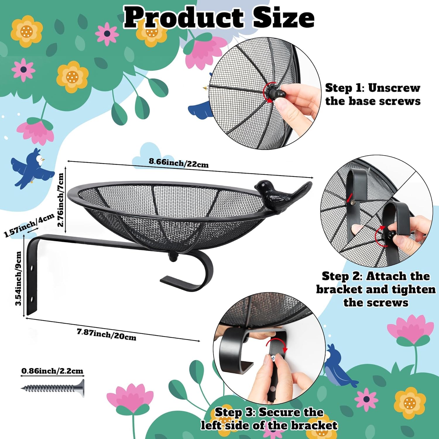 Metal Tray Bird Feeder - Spring Heavy Duty Mesh Seed Tray for Wild Birds Hummingbird, Wall Tree Fence Table Mountable Platform Feeder with Hanging Hook in Deck Balcony Garden Backyard