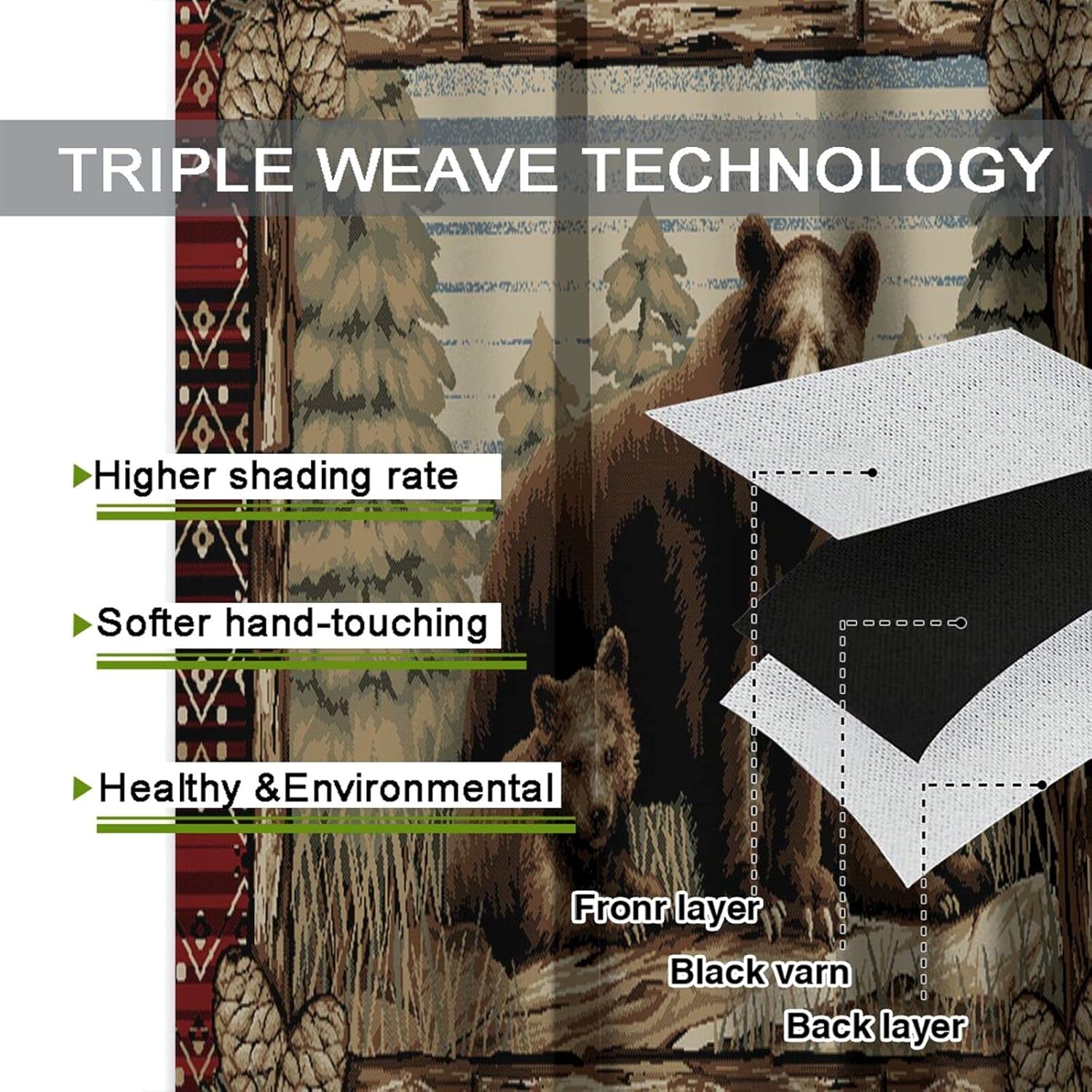 Rustic Western Lodge Bear Cabin Ranch Curtain Thermal Insulated Curtains Window Treatment Fabric Bedroom Living Room Kitchen Dorm Room Decor Window Drapes 2 Panel Set, 104 x 72 inch Punch