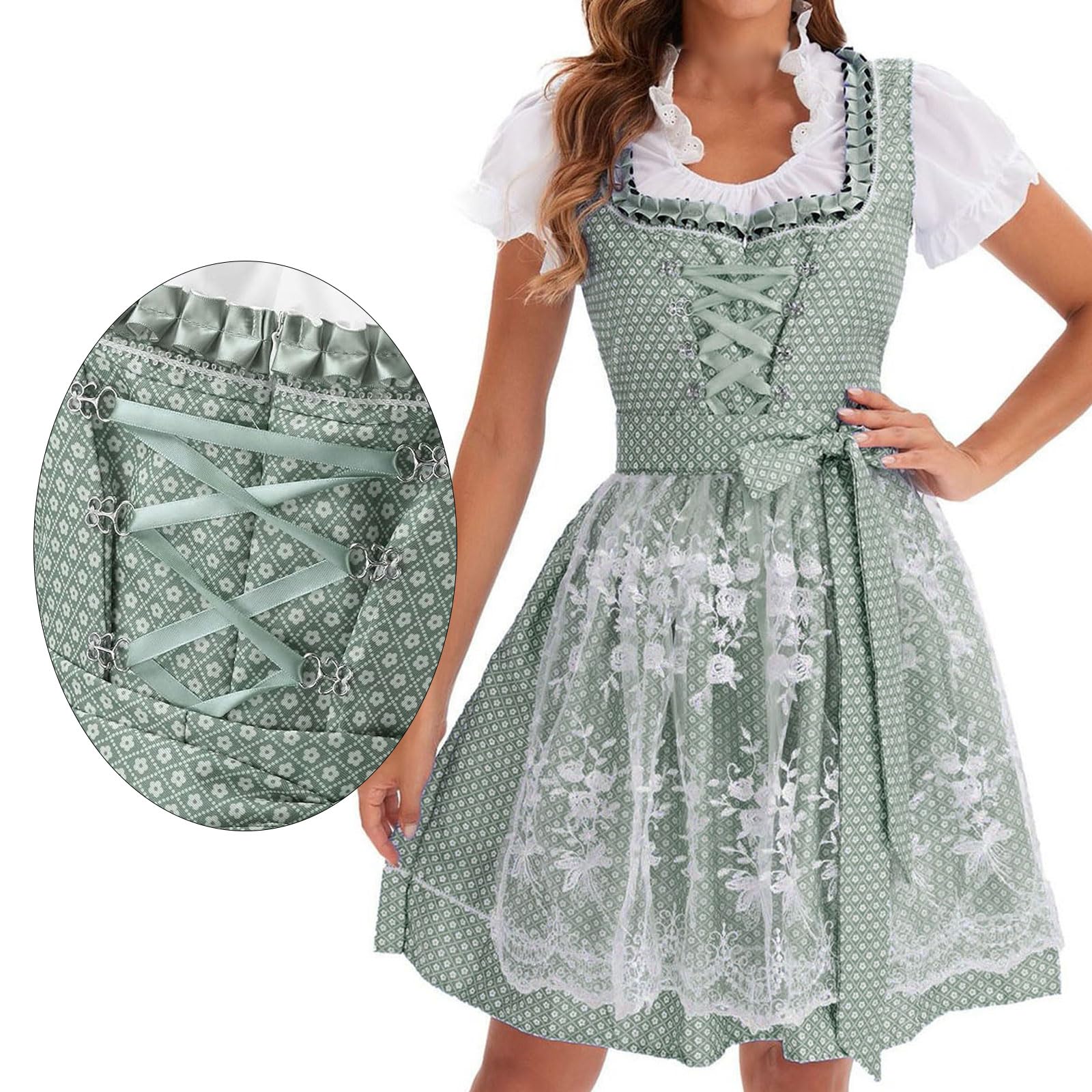 GWAWG Dirndl - Vestito tradizionale Dirndl, da donna, in pizzo, con gonna midolla, per costume tradizionale bavarese, colore: verde e bianco