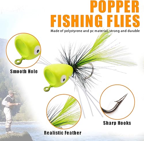 Miniatura 9 de Popper - Kit de señuelos de pesca con mosca seca, para lubina, mosca, pesca con mosca, panfish popper, moscas y insectos (10 unidades)