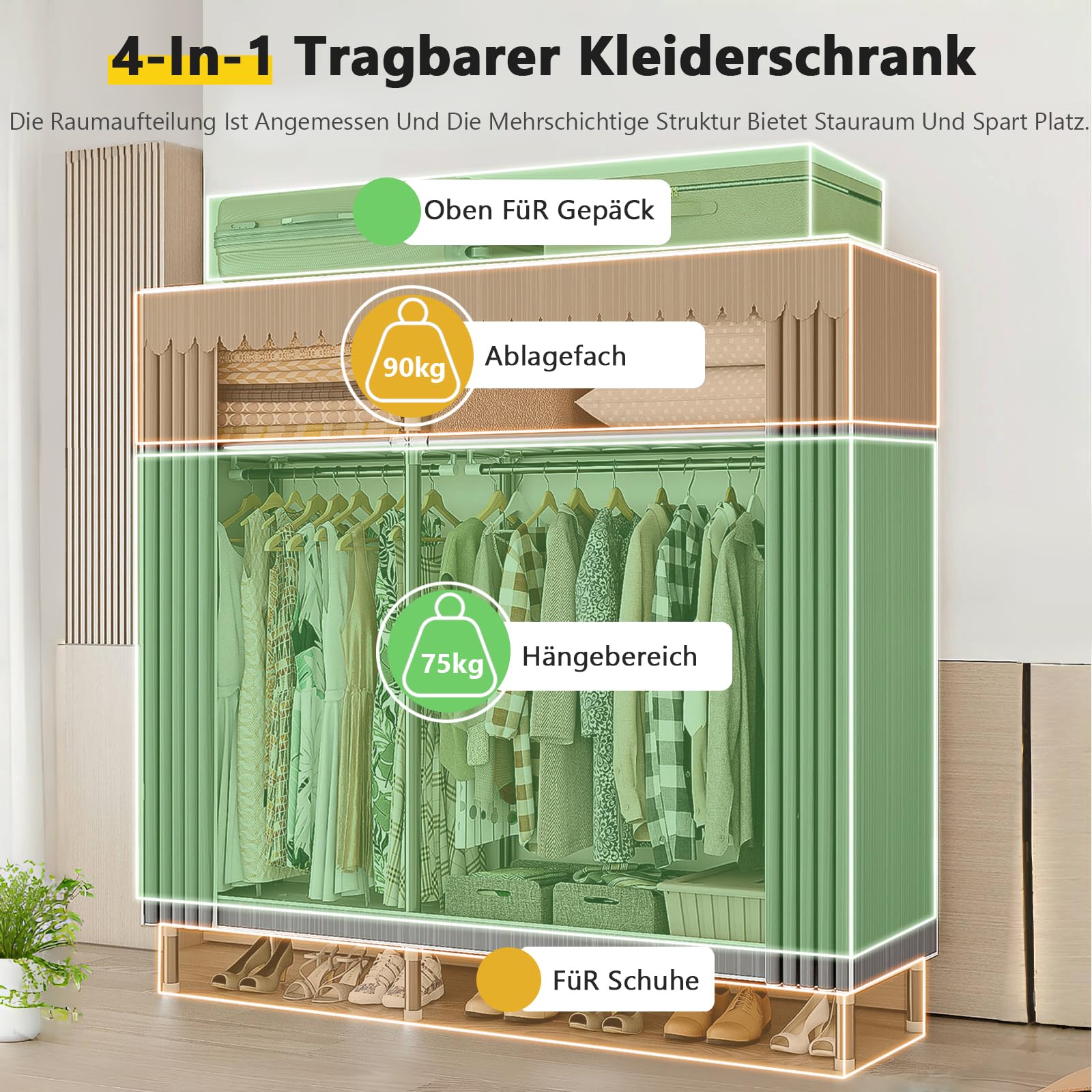 Kleiderschrank Stoffschrank Stabil, Stoff Faltschrank Für Schlafzimmer Mit Kleiderstange & Ablagen, Ankleidezimmer Garderobe Mit Kleiderständer 126x46x173cm Graue Streifen