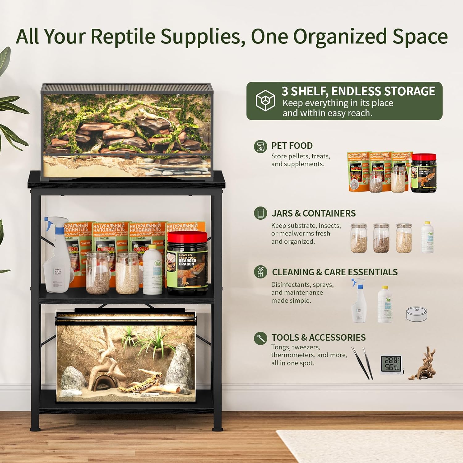 Snughome Reptile Tank Stand, 24" x 18" Terrarium Stand with 3-Tier Open Storage Shelves, Reptile Enclosure Stand, Heavy Duty Vivarium Table for Gecko, Lizard, Bearded Dragon, Black