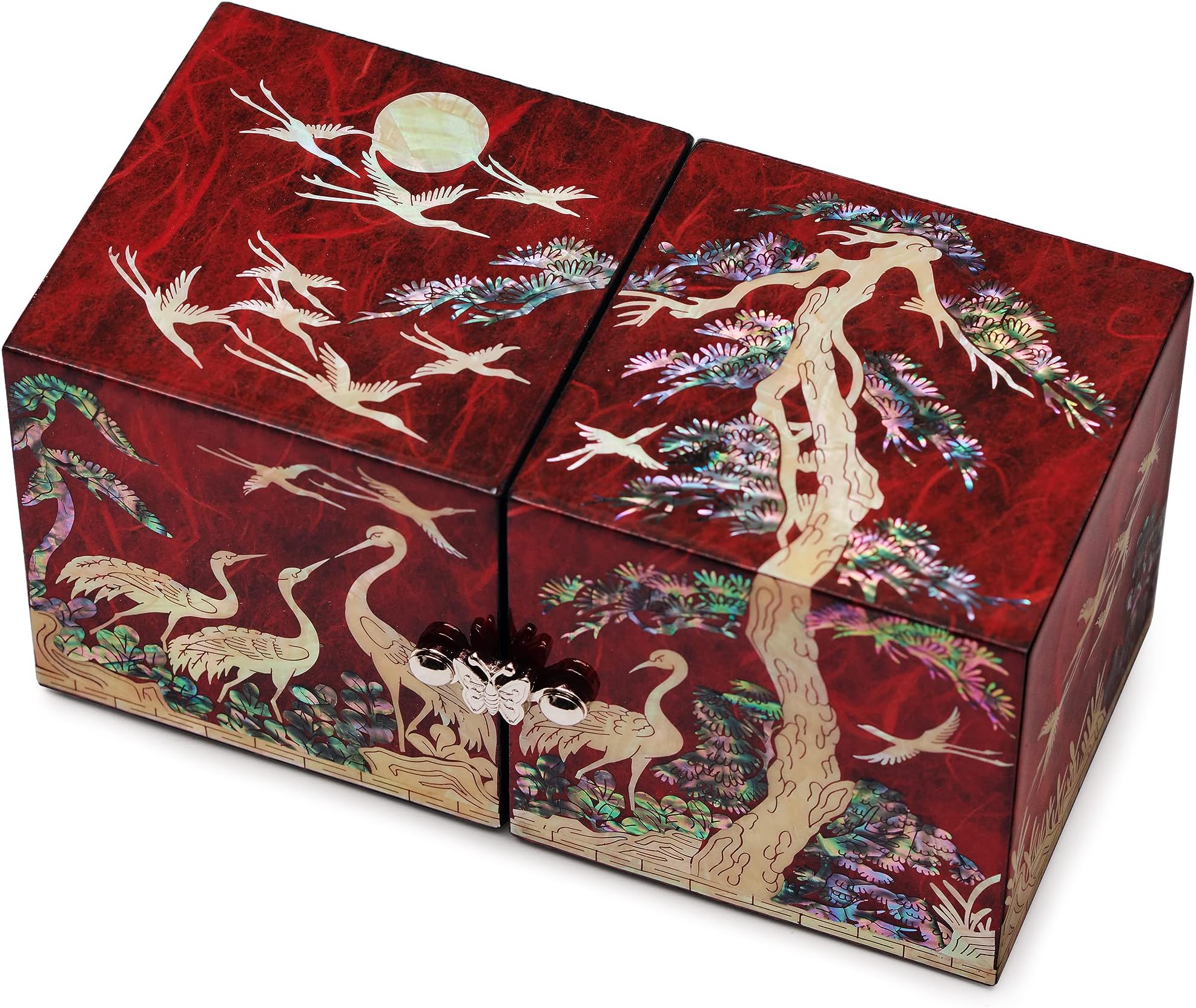 Twin Cubes Jewelry Box Crane Pine Tree Red