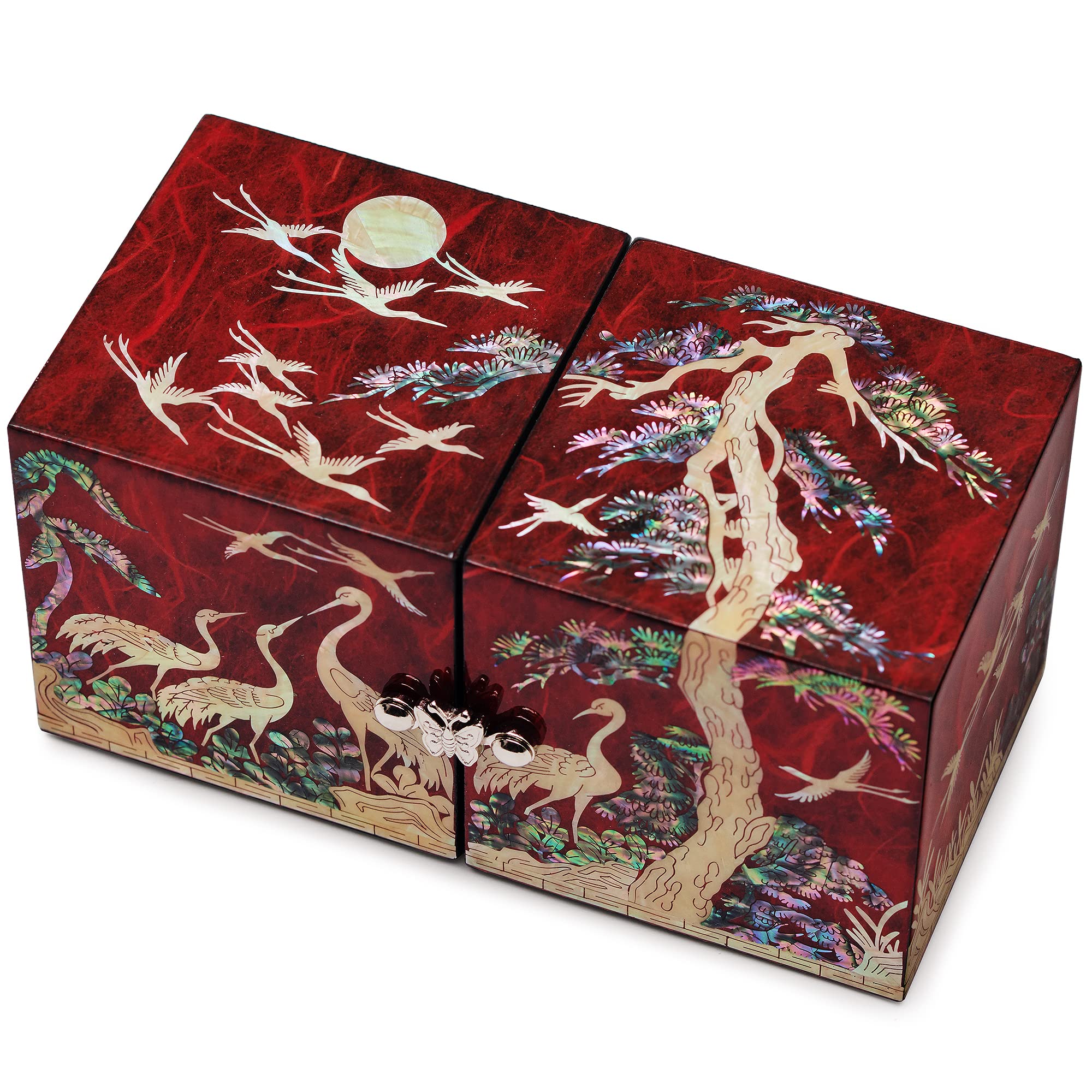 MADDesign Mother of Pearl Twin Cubes Lacquered Jewelry Box Crane Pine Tree Red