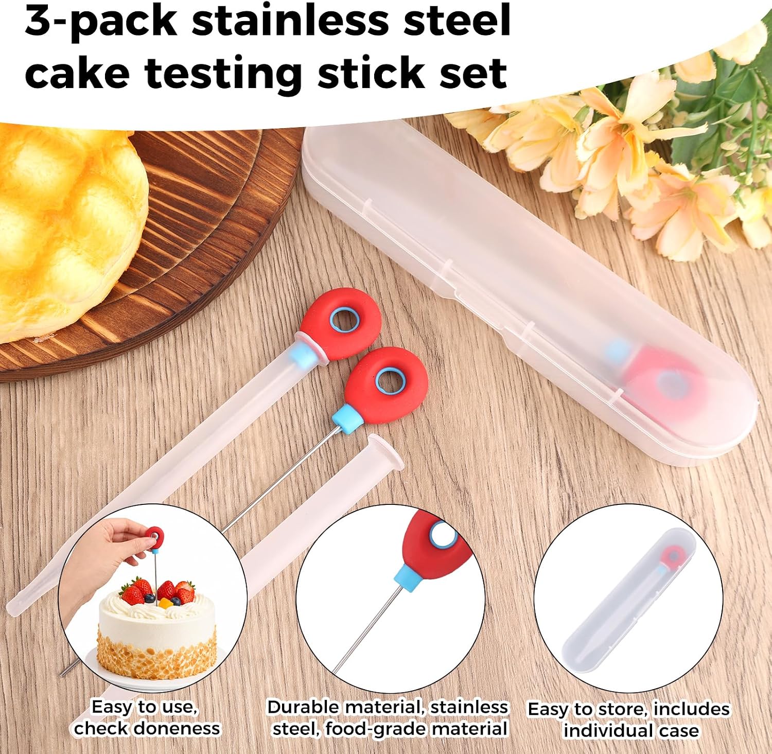 3pcs Cake Testing Sticks, Stainless Steel Cake Doneness Tester Sticks with Storage Box Practical Baking Tools Suitable for Bread Muffins Brownies and Cupcakes