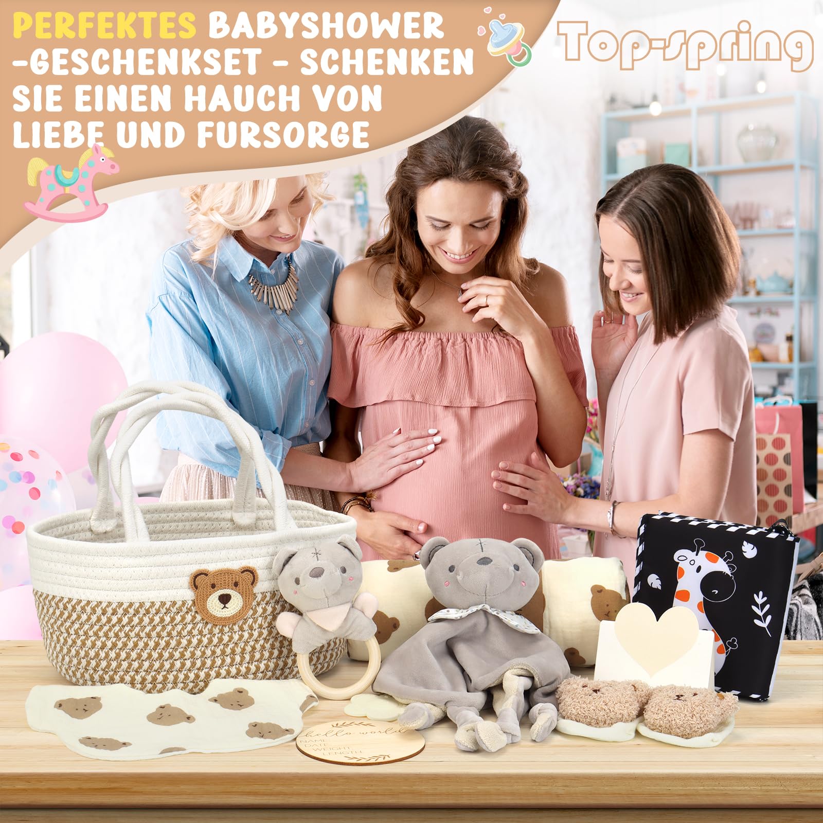 Baby-Geschenkkorb, Geschenkkorb für Neugeborene, Set mit Windel-Caddy sensorisches Buch, Babydecke, Wickelsocken, Rassel, Lätzchen, Meilensteinkarten, Babyparty-Geschenkbox für Jungen, Mädchen, Unisex
