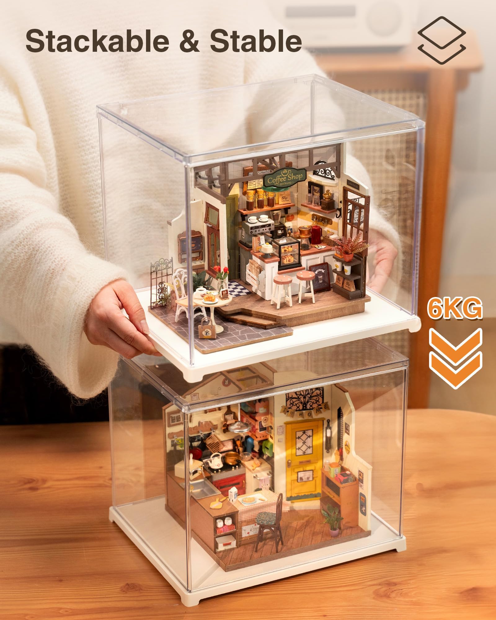 ROBOTIME Osłona przeciwpyłowa do miniaturowego zestawu domowego 27 x 22 x 22,5 cm, akrylowa gablota z możliwością układania w stos, z drzwiami, ochrona przed kurzem