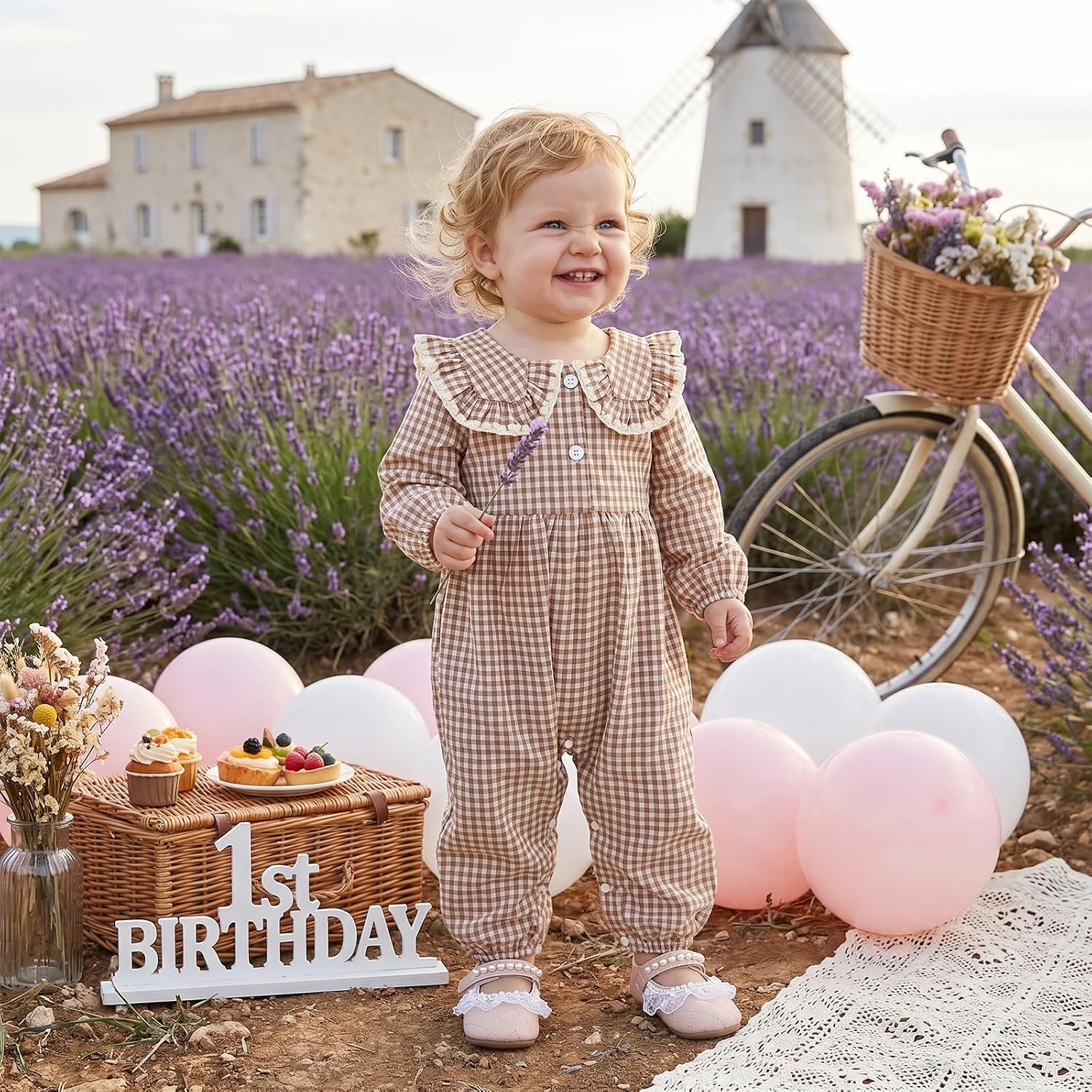BULINGNA Infant Baby Girl Plaid Jumpsuit Long Sleeve Ruffle Peter Pan Collar Gingham Romper Fall One Piece Outfit