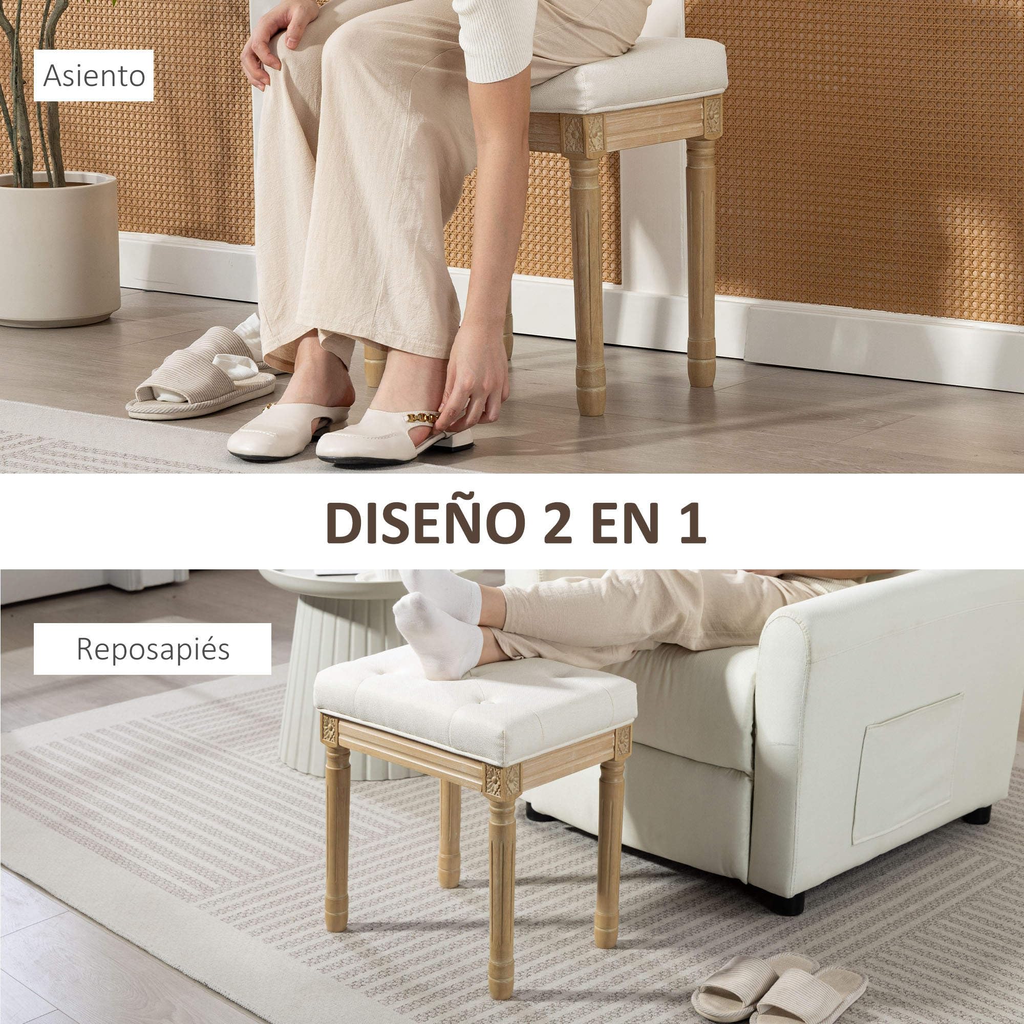 HOMCOM Reposapiés Salón Rústico Tapizado para Dormitorio Sofá Beige | Taburete Bajo, Lino Sintético, Patas Talladas de Madera, Otomana