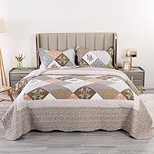 Qucover Couvre Lit 2 Personnes Couverture Courtepointe Patchwork, Boutis Matelassé en Microfibre, Dessus de Lits de Luxe en Motif Carreaux Couleur (Marron, 240 x 260 cm)