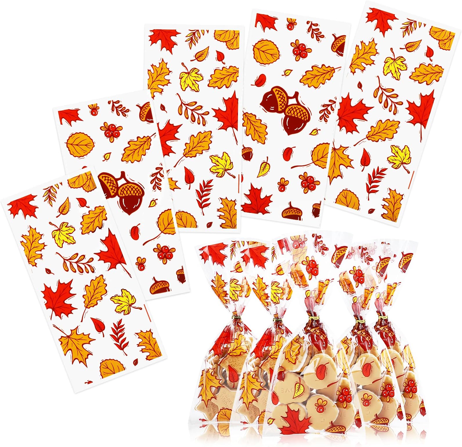 Kesote100 Pieces Fall Thanksgiving Cellophane Treat Bags, Clear Pumpkin Maple Leaf Goodie Candy Treat Bags Bulk with Twist Ties for Thanksgiving Autumn Fall Party Favor Supplies