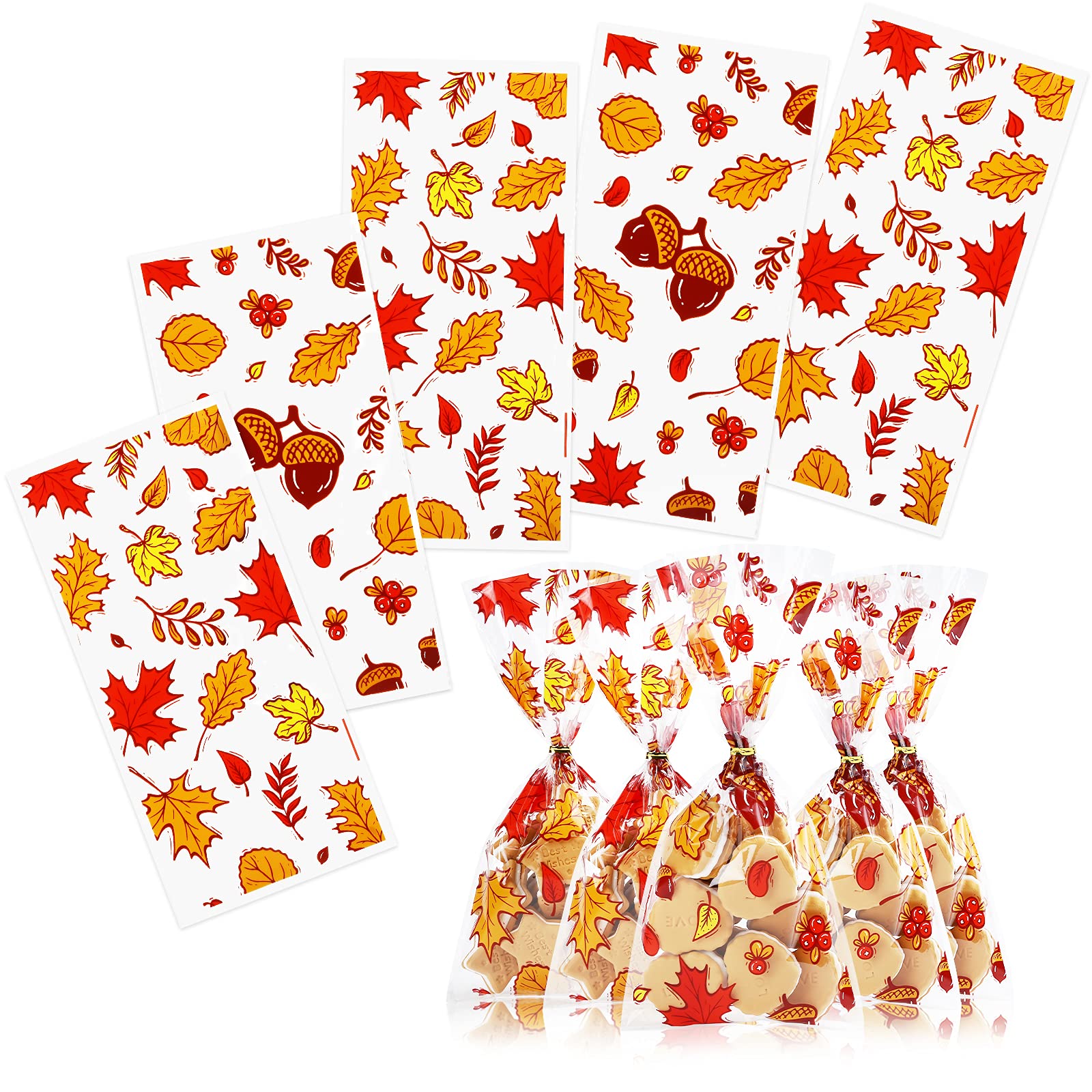 Kesote100 Pieces Fall Thanksgiving Cellophane Treat Bags, Clear Pumpkin Maple Leaf Goodie Candy Treat Bags Bulk with Twist Ties for Thanksgiving Autumn Fall Party Favor Supplies