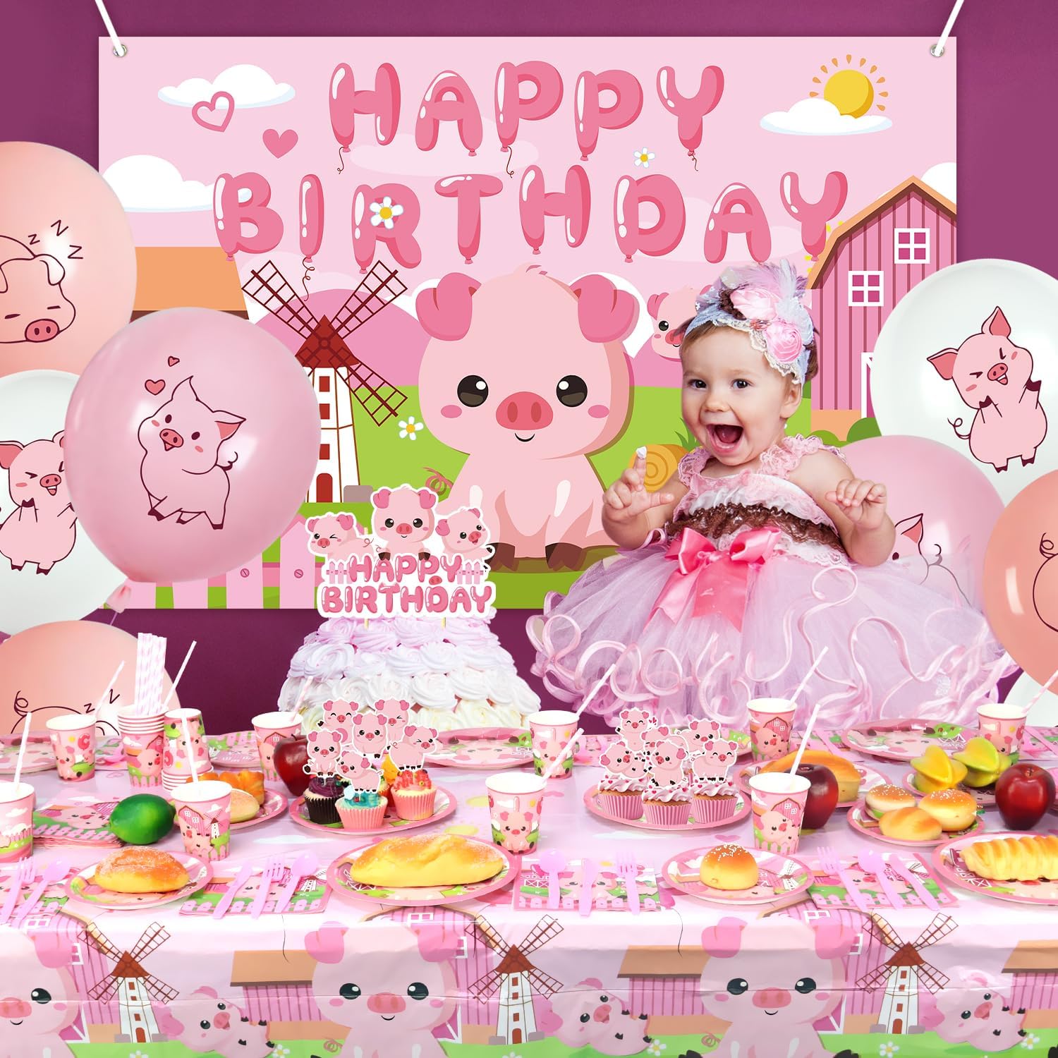 Pig Birthday Party Decorations - Pink Pig Party Supplies including Backdrop, Plate, Cake Topper, Cup, Napkin, Balloon, Tablecloth for Pig Party Decoration - Serves 20