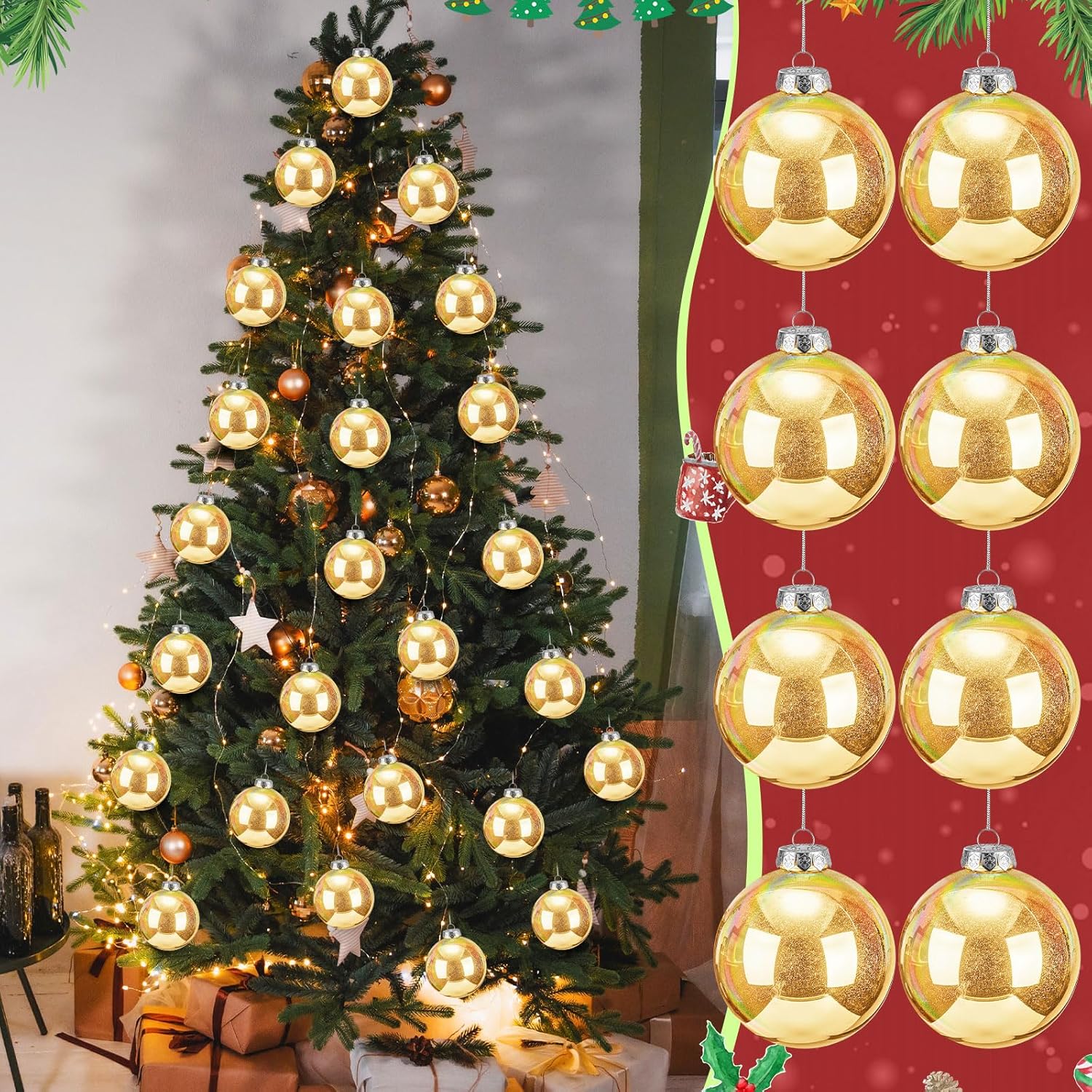 Wettarn 24 Pcs 4 Inch Glittering Christmas Balls Fantasy Plastic Shiny Christmas Iridescent Ornaments Balls for DIY Crafts Hanging with Lid and Rope for Xmas Tree Party Decor(Gold)