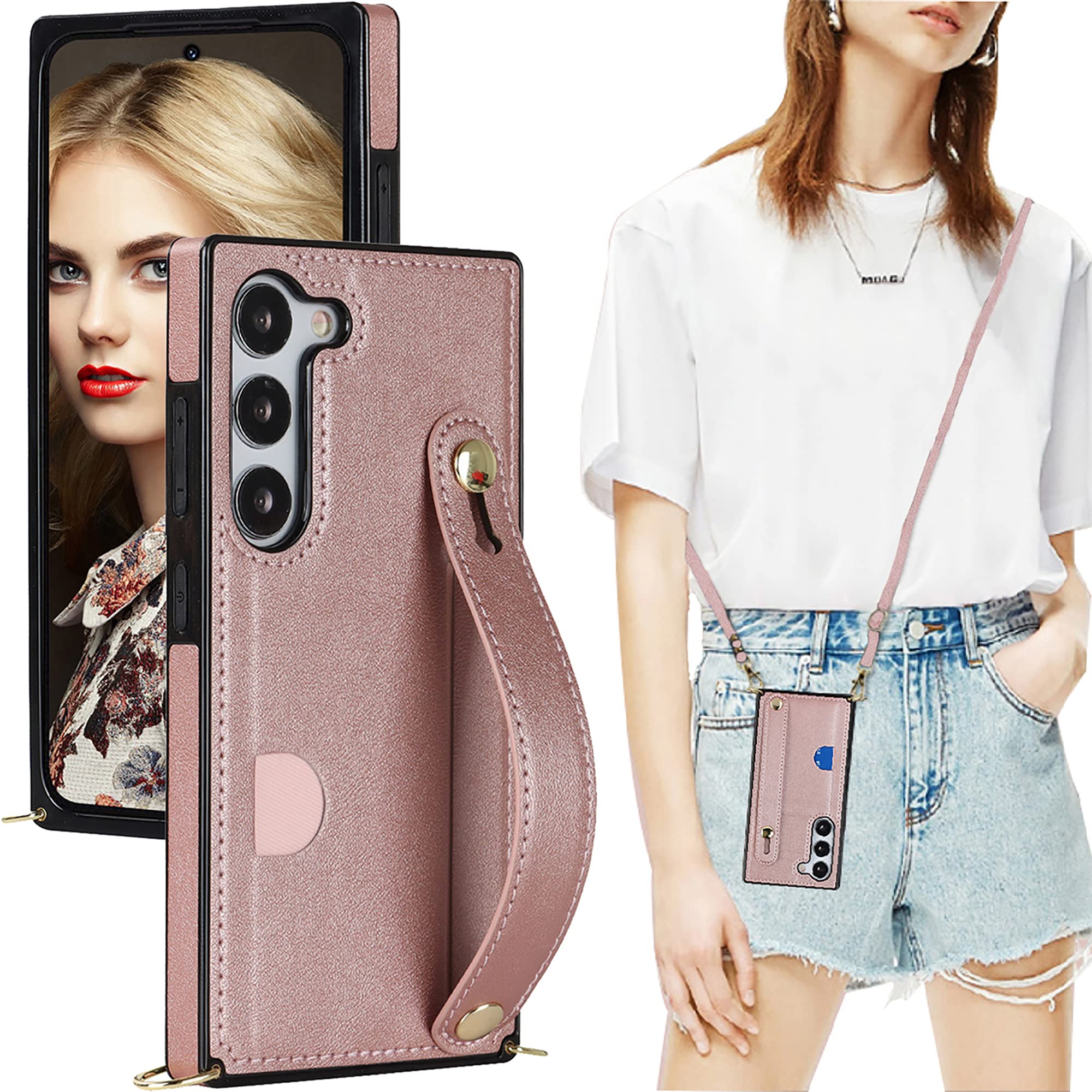 CCSmall Case for Samsung Galaxy S23 with Card Slot Holder, Removable Adjustable Shoulder Strap Lanyard Crossbody Neck Purse Phone Case for Samsung Galaxy S23 KB Rose