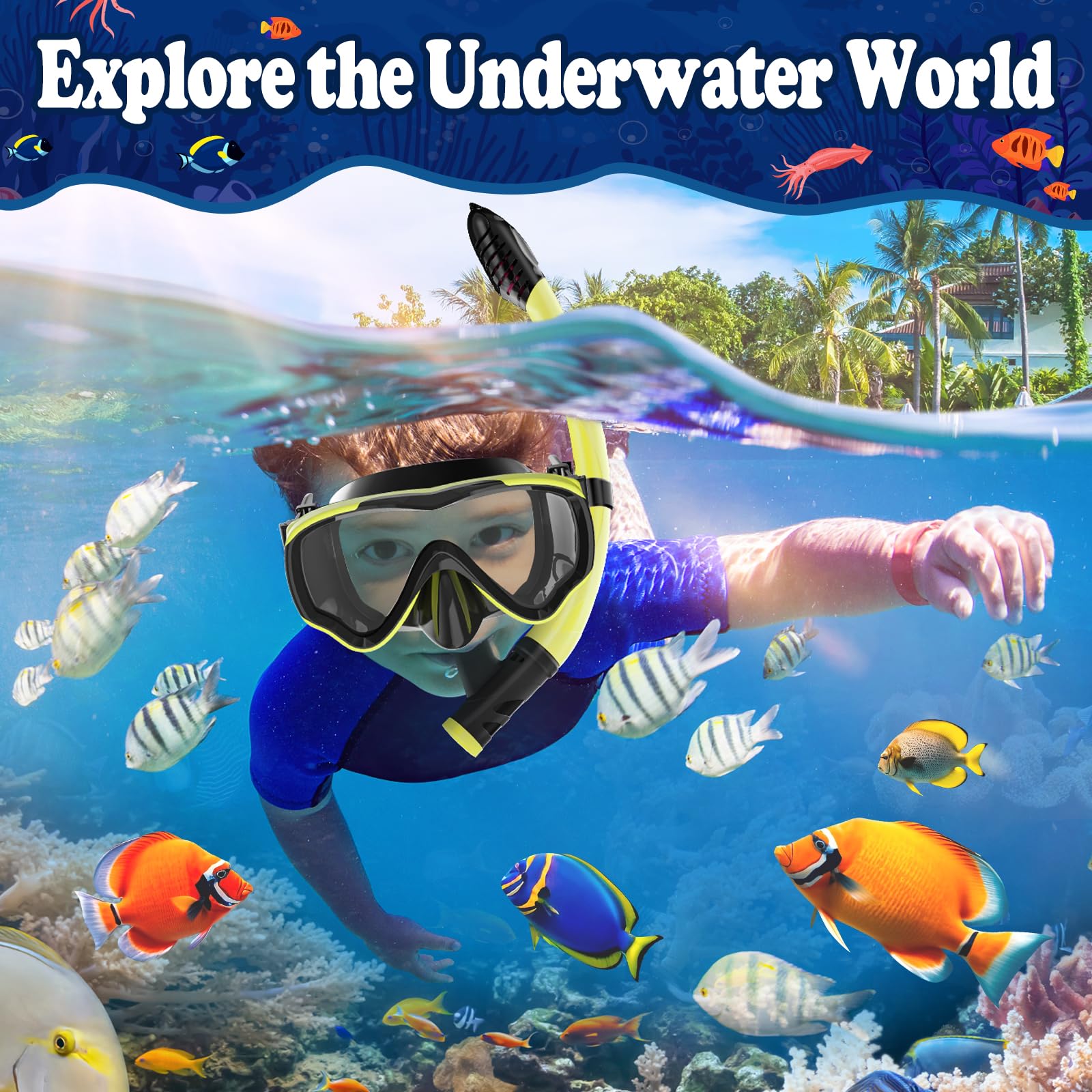 UPhitnis Maschera Snorkeling Bambino 4-12 anni - Maschera Subacquea Bambini Antiappannamento con Boccaglio con Valvola - Set Maschera da Immersione per Ragazzo e Ragazza