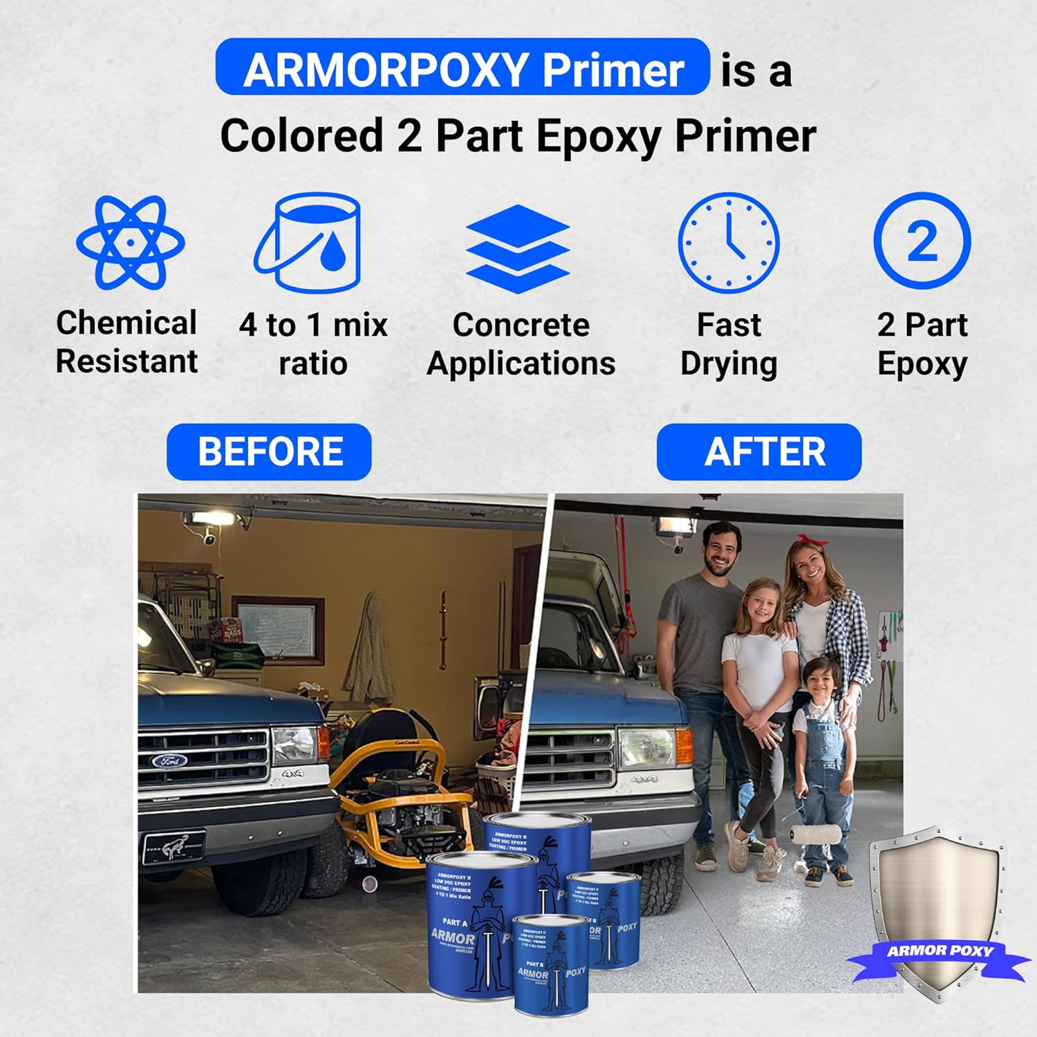 ArmorPoxy Epoxy Primer Low VOC- 2-Part Water-Based House Primer for Concrete, Wood, and Masonry Floors - Ideal for Industrial, Commercial, and Residential Use - 2 Gal - 640 Sq Ft. L Grey