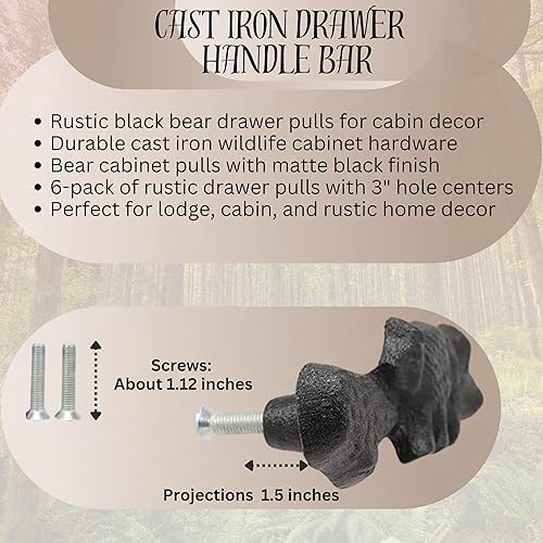 Miniatura 2 de BestGiftEver 6 tiradores de cajón Black Bear - Accesorios rústicos de hierro fundido para cabaña, manijas de cajones con temática de vida silvestre