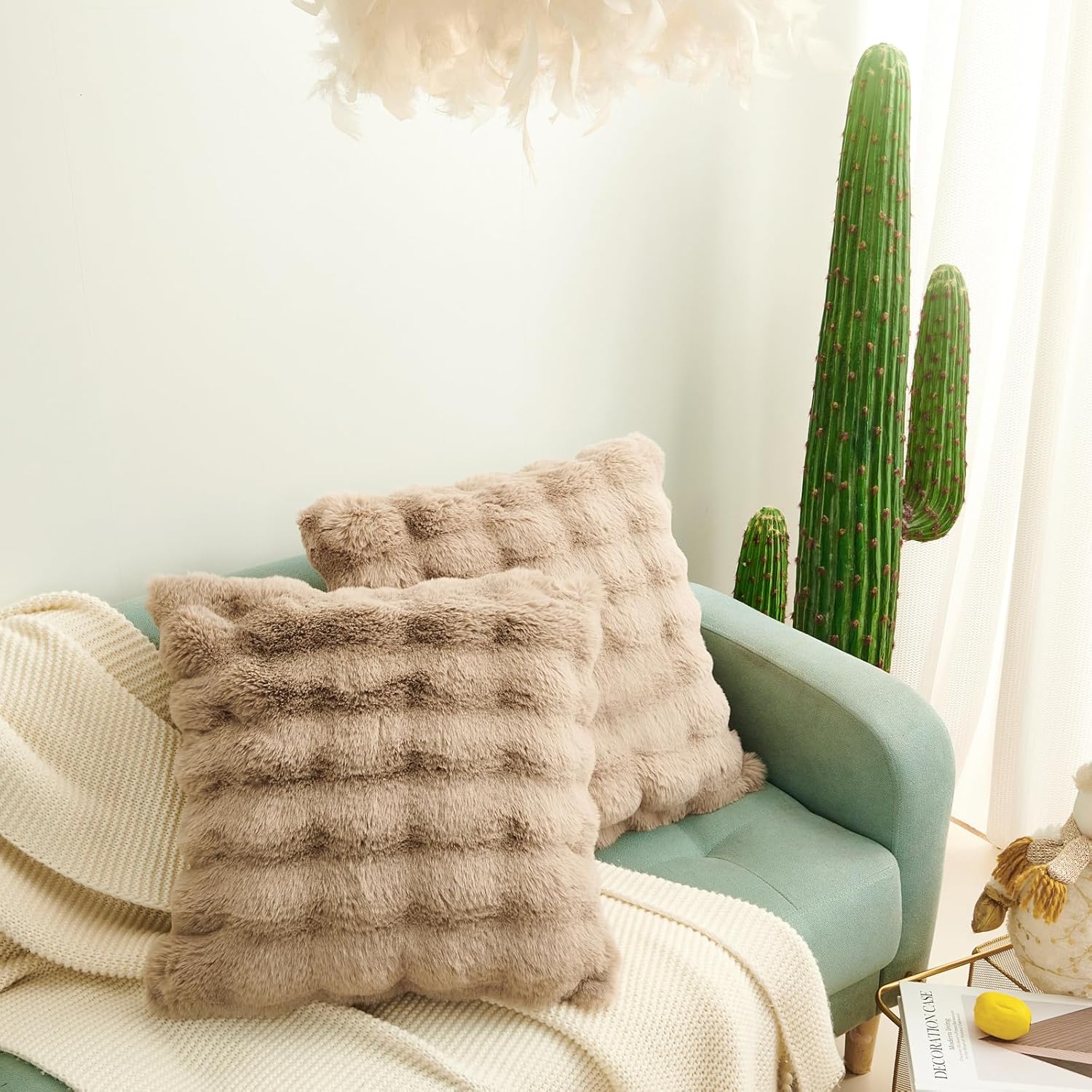 HYSEAS Faux Rabbit Fur Throw Pillow Covers 18" x 18", Taupe, Set of 2 Soft Comfortable Fluffy Cozy Elegant Decorative Pillow Covers, Home Décor Ideal for Bedrooms, Sofas, Recliners, and RVs - Image 8