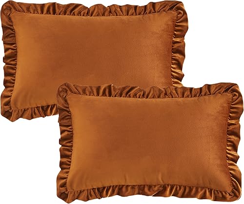 Vista 107 de GIGIZAZA Juego de 2 fundas de almohada de lujo de 18 x 18 pulgadas, fundas decorativas de terciopelo con volantes para sofá Verde azulado