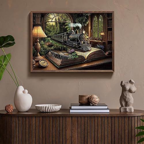 Miniatura 5 de Rompecabezas de 1000 piezas para adultos, rompecabezas de castillo vintage con diseño de tren de fantasía y bosque, rompecabezas de estantería de