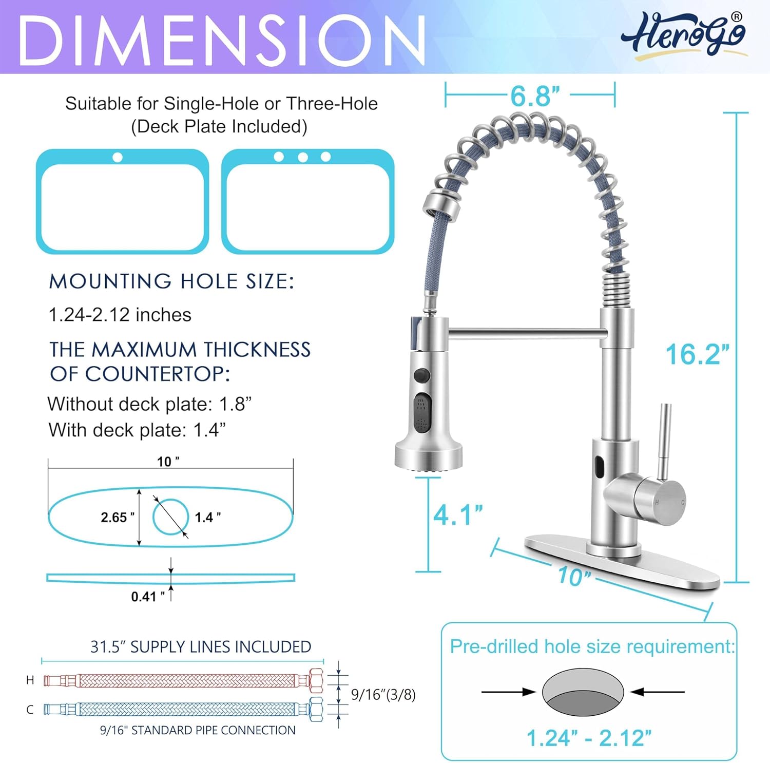 herogo touchless kitchen faucets with soap dispenser, motion sensor activated commercial stainless steel sink faucets with pull down sprayer for vanity rv, brushed nickel normal touchless+soap dispenser brushed nickel