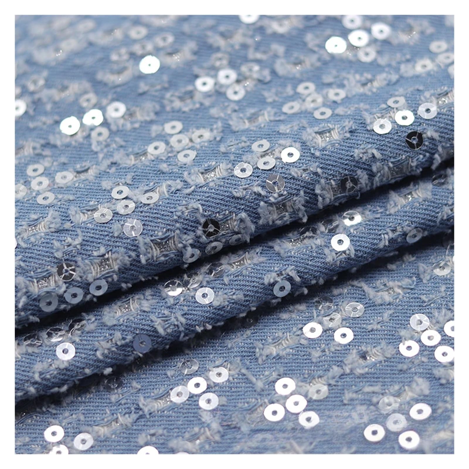 Embroidered Sequins Water Washed Denim Fabric for Dressmaking