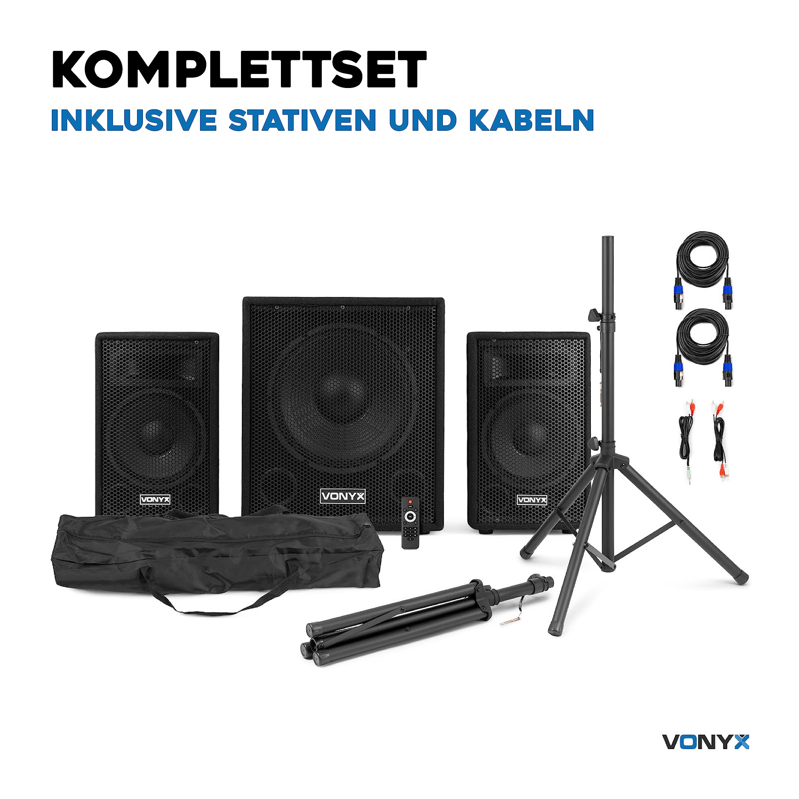 Vonyx VX1015BT Mobile PA Anlage Komplettset, Aktiv - Bluetooth, 1000 Watt DJ Boxen, PA Lautsprecher Beschallungsanlage, 2X Speaker, 1x Subwoofer, Kabel, Stativen, Tasche