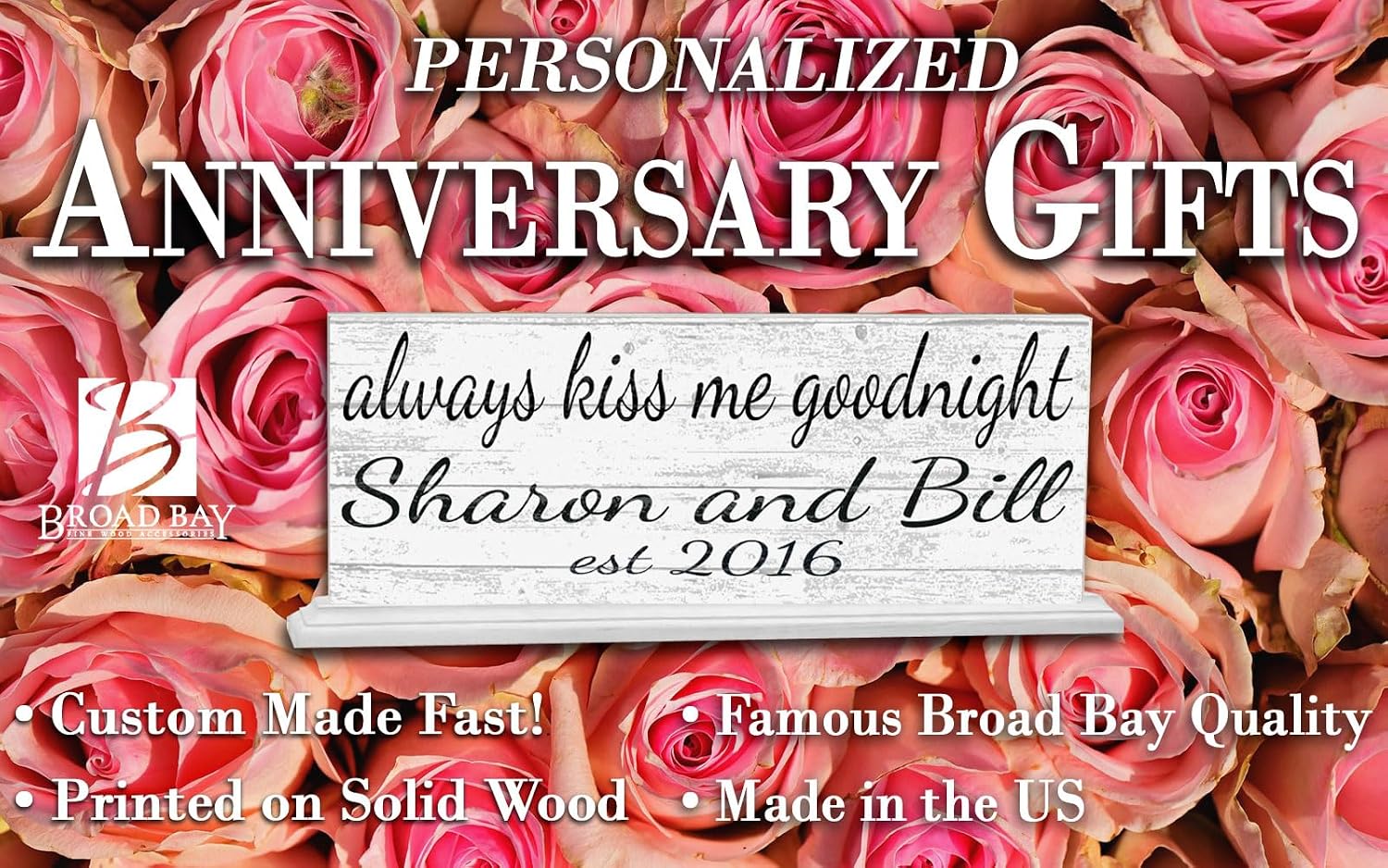 Custom Wedding Gift or Anniversary Family Established Sign Name & Est. Date for Mantel or Shelf - Solid Wood - 16.5in x 6.25in x 3in (Always Kiss Me Goodnight)