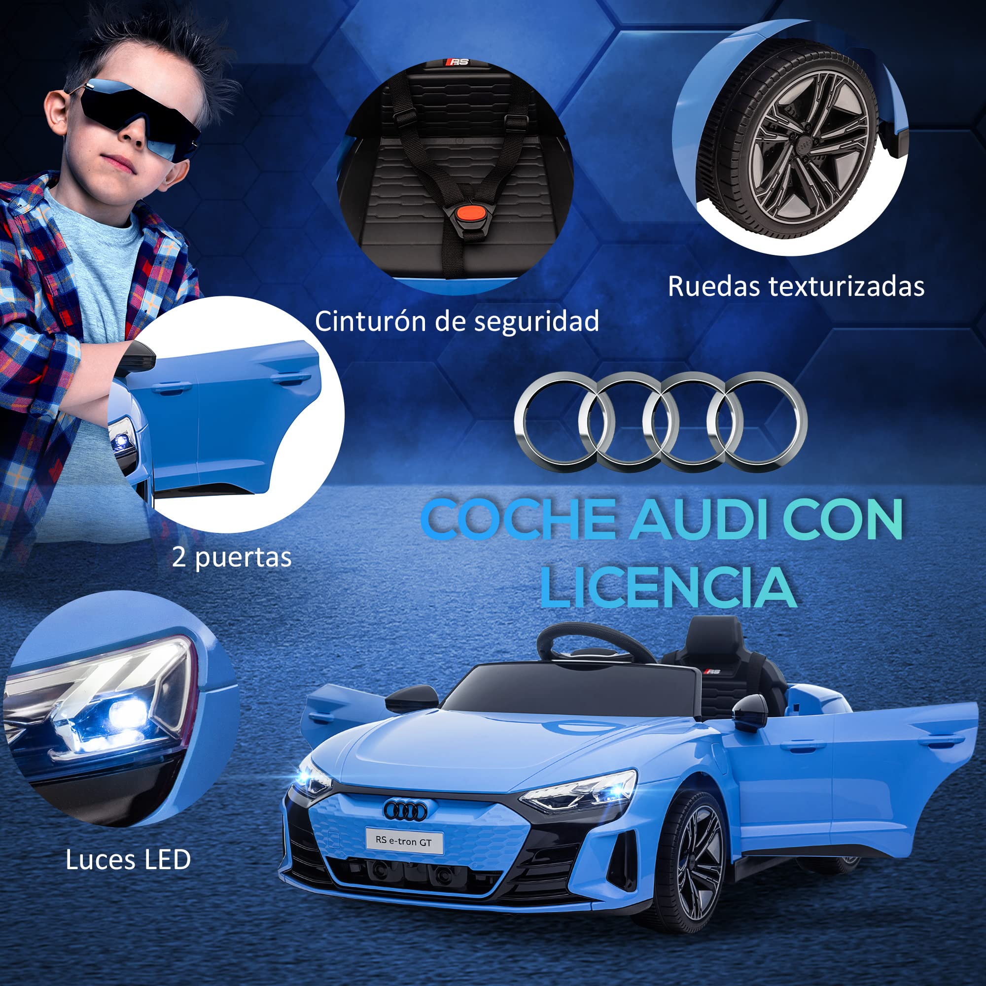 HOMCOM Coche Eléctrico para Niños de +3 Años Audi RS e-Tron GT Coche de Batería 12V con Mando a Distancia Faros LED Bocina Música USB y Apertura de Puerta 3-5 km/h Azul