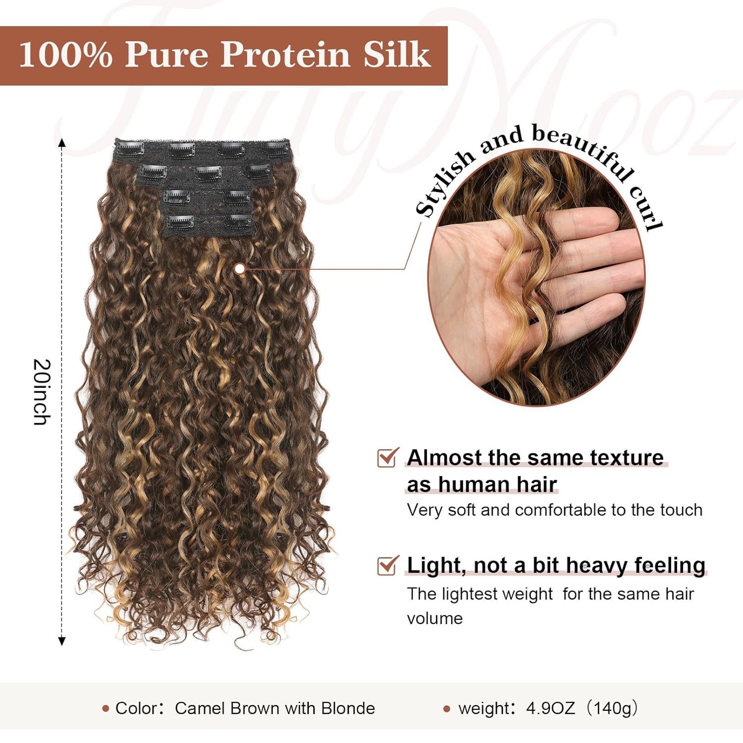 Clip in Hair Extensions, FLUFYMOOZ 4PC 100％ Pure Protein Silk Hair Extensions Long Soft Natural Hairpiece 20 Inch Curly Hair Extension for Women (Dark Golden Brown with Highlight) - Image 2