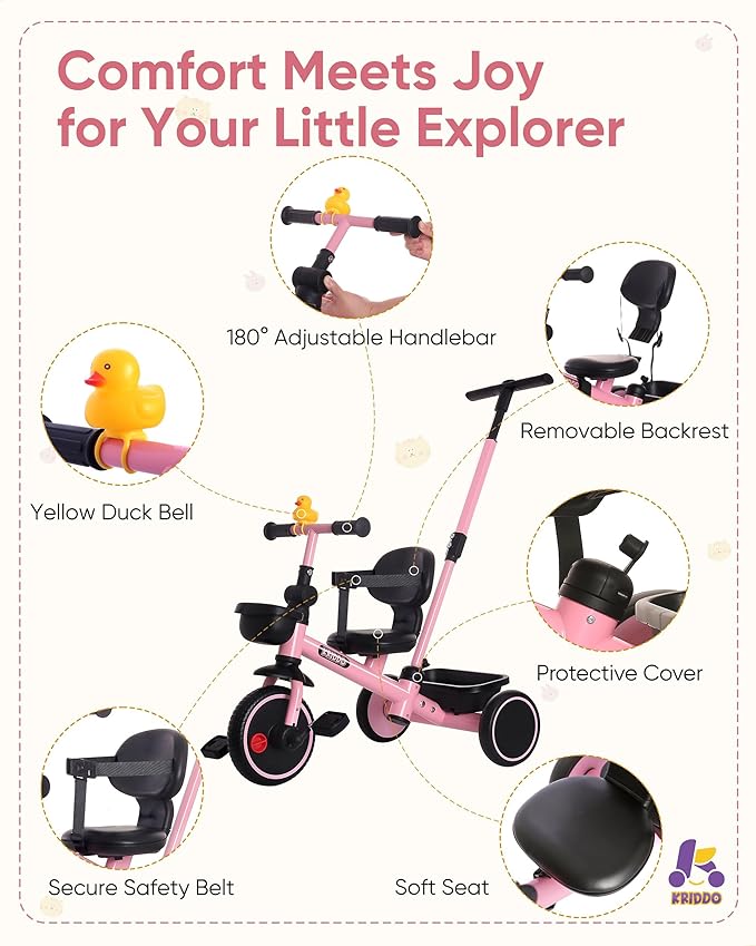 KRIDDO 2-in-1 Tricycle for Toddlers 1.5-5 Years, Push Tricycle with Parent Steering Detachable Handle, 9-Stage Adjustable Handlebar, Toddler Trike with Safety Belt, Clutch Pedals & Dual Basket, Pink